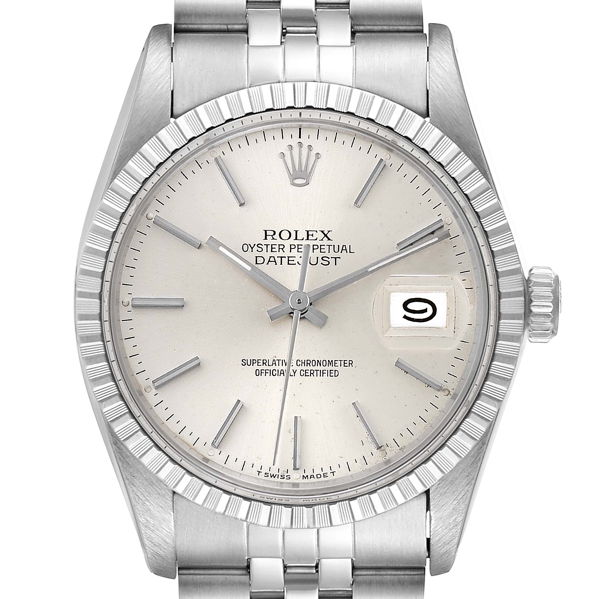 The image shows a front angle view of the Rolex Vintage Collection 16030 Men's Stainless Steel Silver Dial 16030 Men's Stainless Steel Silver Dial Oyster Perpetual Datejust watch face and bracelet.