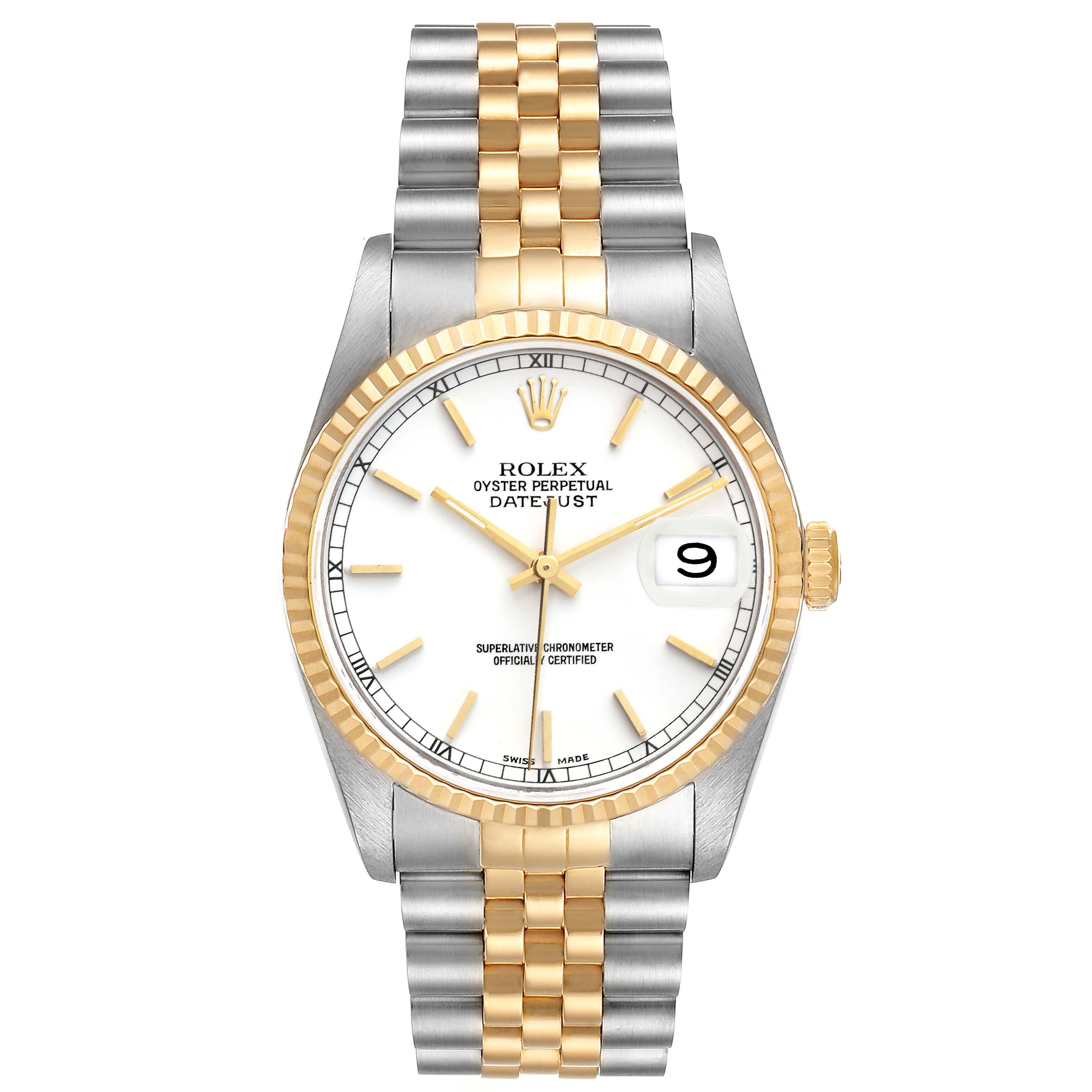 This is a head-on view of a Rolex Datejust 16233 Men's Steel and Gold (two tone) White Dial 16233 Men's Steel and Gold (two tone) White Dial watch, showing the dial, bezel, crown, and jubilee bracelet.