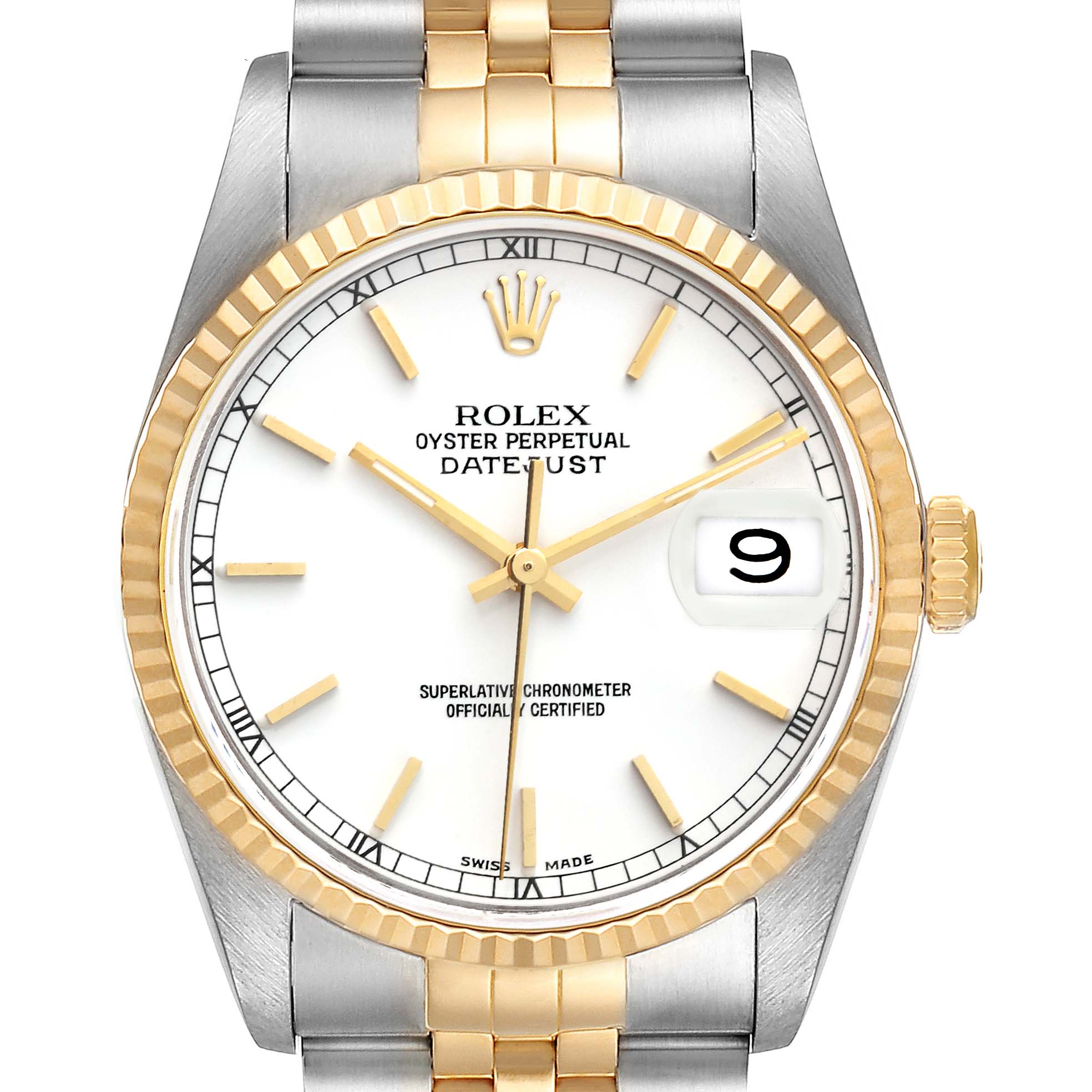 The image shows the front view of a Rolex Datejust 16233 Men's Steel and Gold (two tone) White Dial 16233 Men's Steel and Gold (two tone) White Dial watch, displaying the dial, bezel, crown, and part of the bracelet.