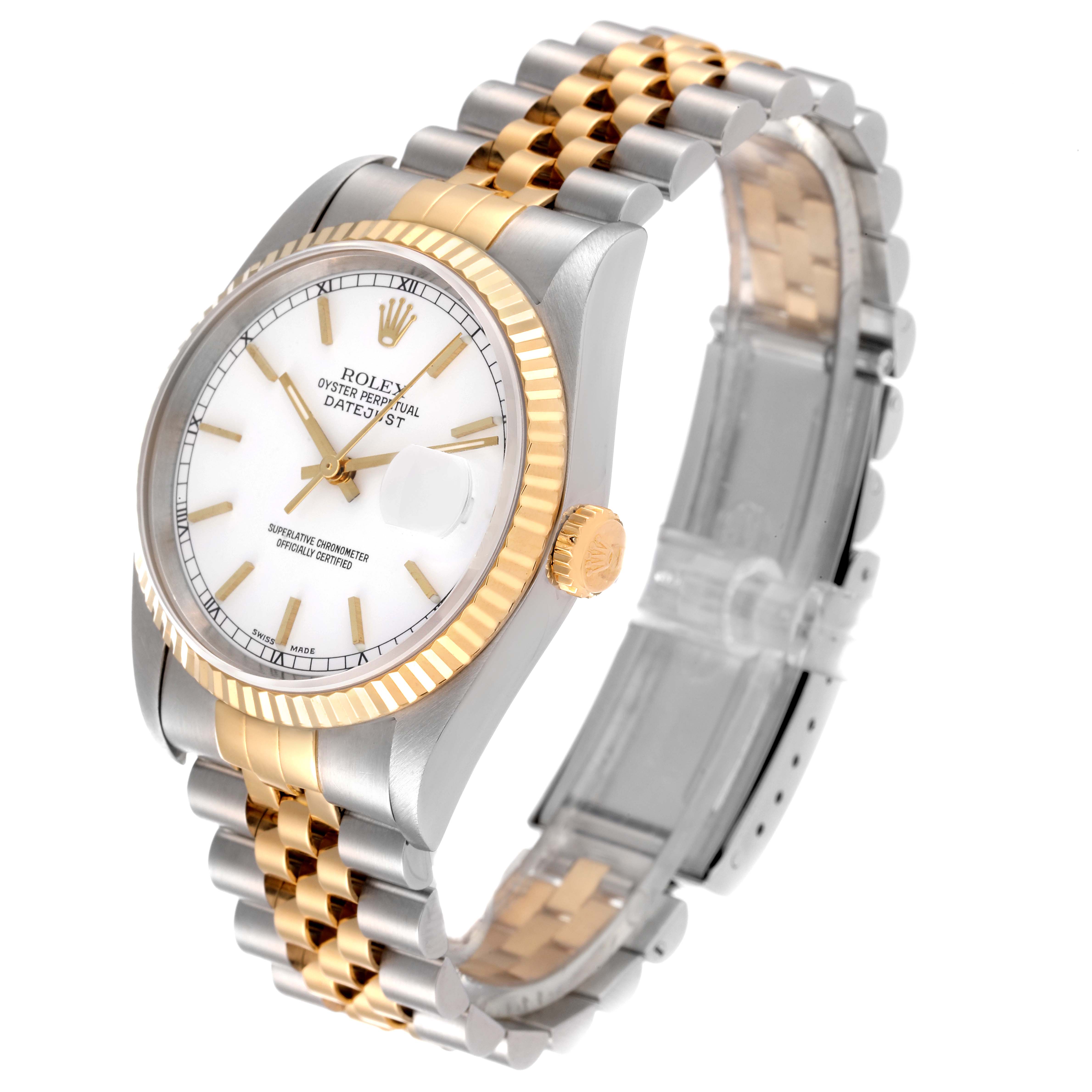 The Rolex Datejust 16233 Men's Steel and Gold (two tone) White Dial 16233 Men's Steel and Gold (two tone) White Dial watch is shown at a front angle, highlighting the dial, fluted bezel, crown, and Jubilee bracelet.