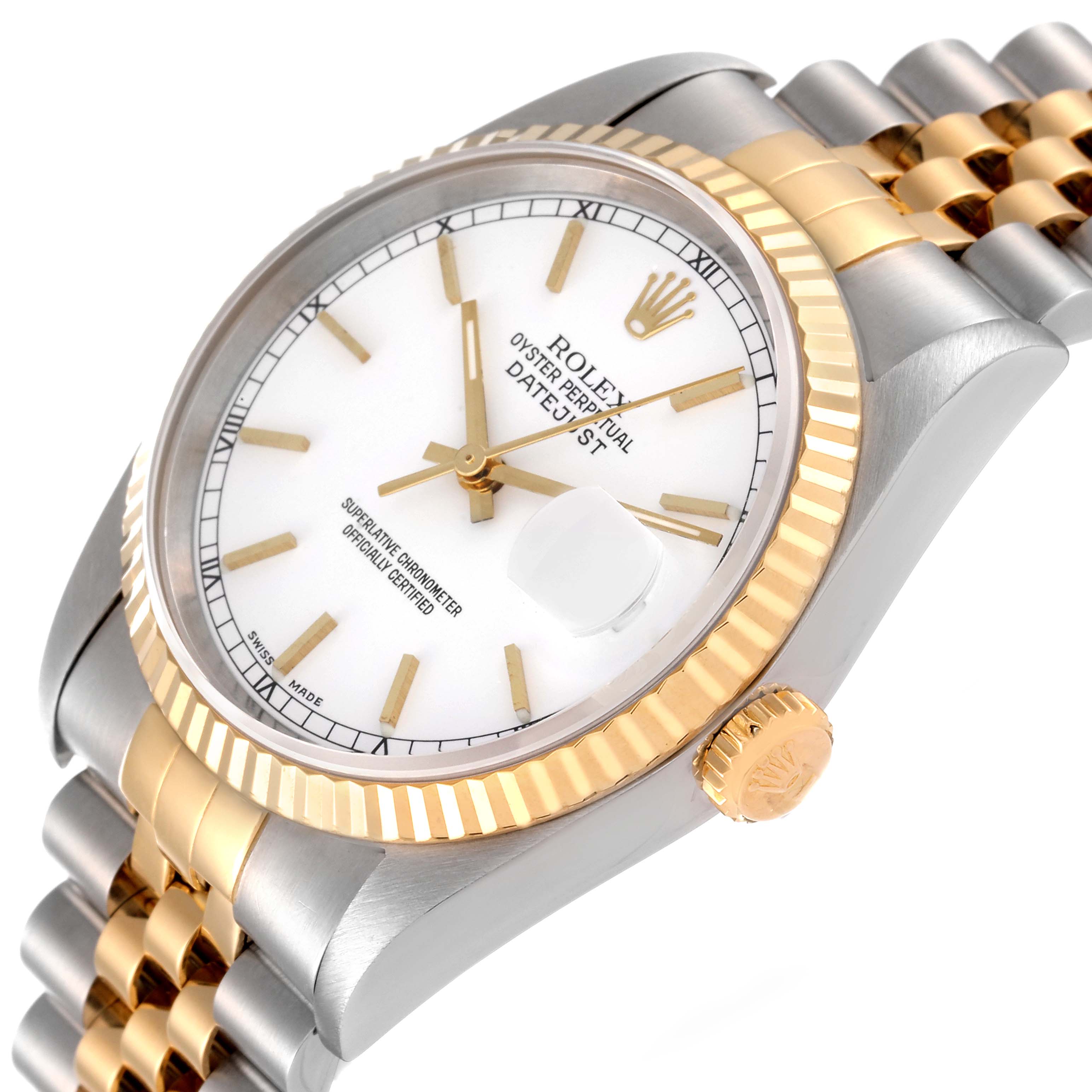 The Rolex Datejust 16233 Men's Steel and Gold (two tone) White Dial 16233 Men's Steel and Gold (two tone) White Dial watch is shown at a slight angle, featuring the face, crown, and part of the bracelet.
