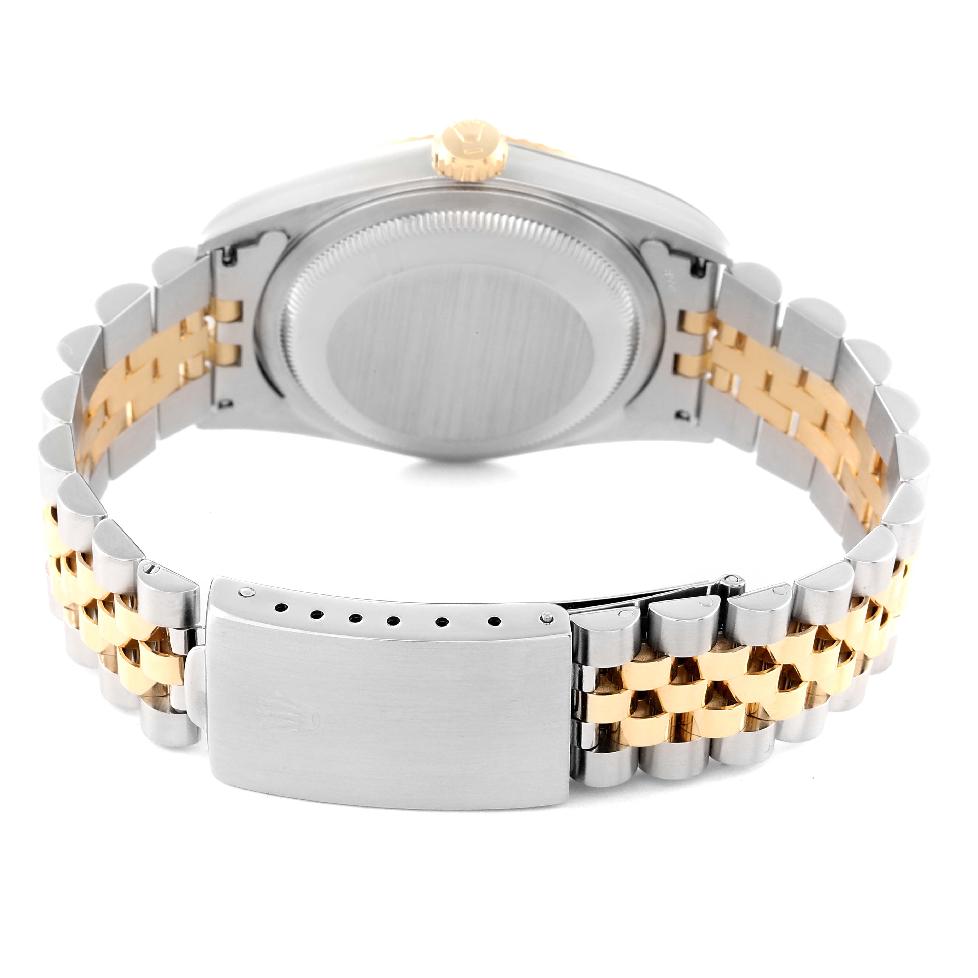 This image shows the back and bracelet of a Rolex Datejust 16233 Men's Steel and Gold (two tone) White Dial 16233 Men's Steel and Gold (two tone) White Dial watch, featuring a two-tone (gold and steel) Jubilee bracelet.