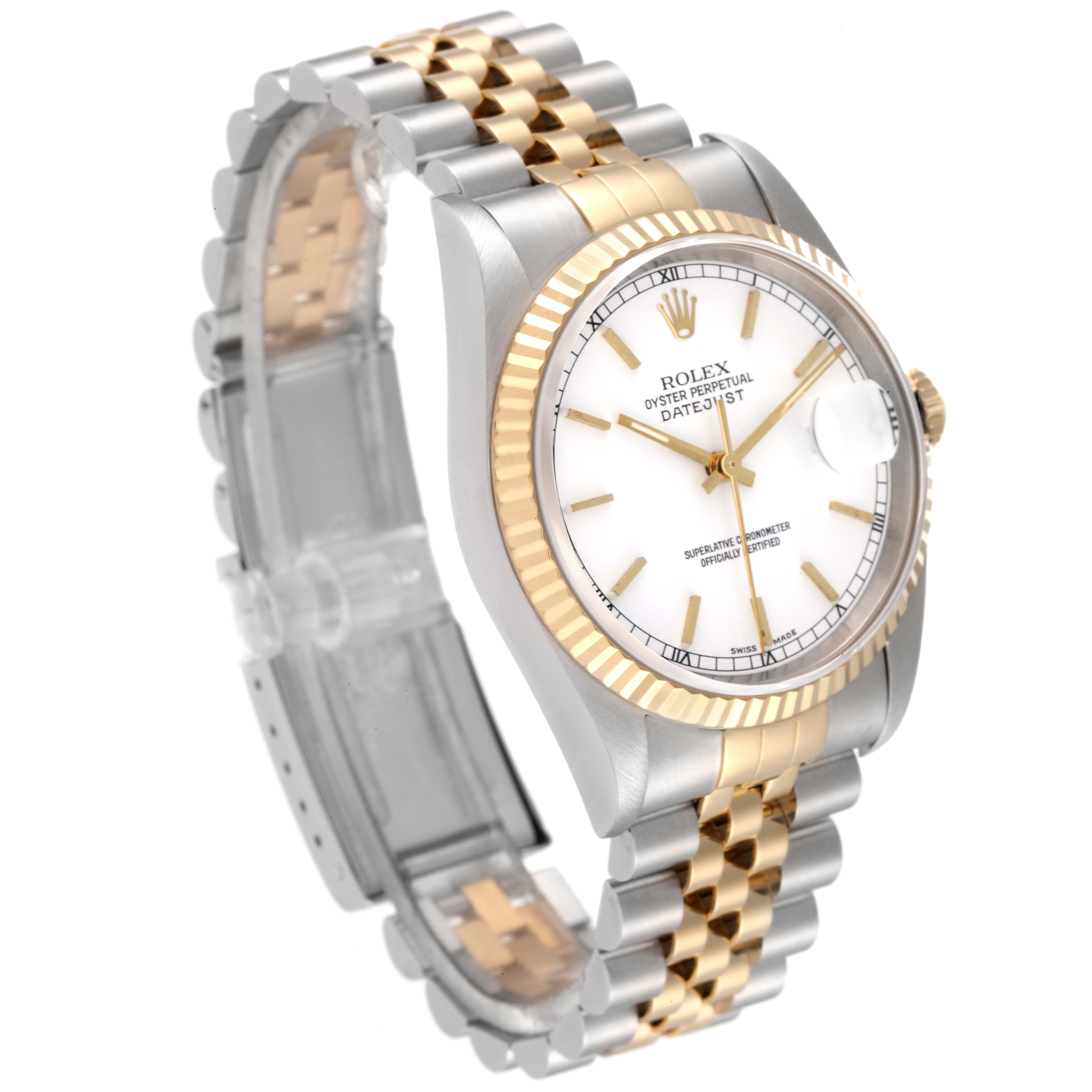 The image shows a Rolex Datejust 16233 Men's Steel and Gold (two tone) White Dial 16233 Men's Steel and Gold (two tone) White Dial watch angled to display the face, bezel, and part of the two-tone bracelet.