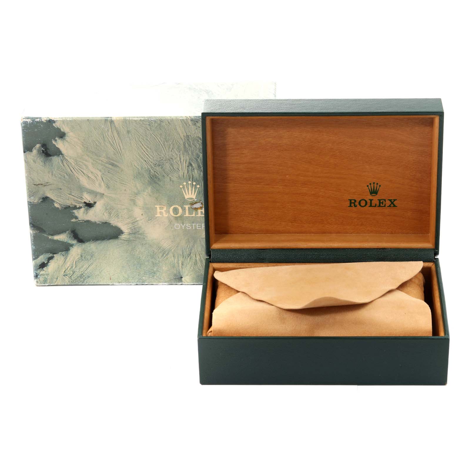 This image shows the opened packaging and interior box for a Rolex Datejust 16233 Men's Steel and Gold (two tone) White Dial 16233 Men's Steel and Gold (two tone) White Dial.