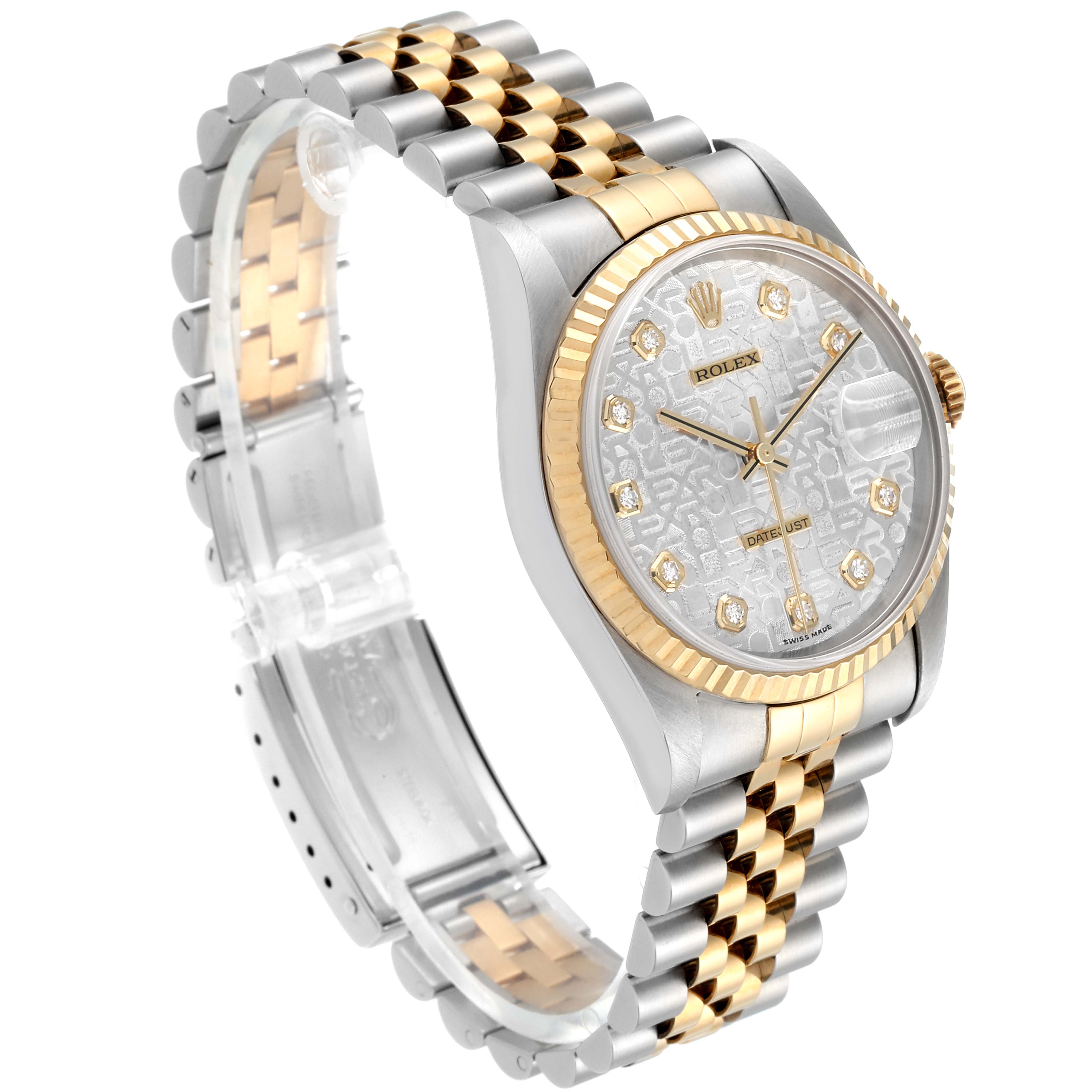 The image shows a Rolex Datejust 16233 Men's Steel and Gold (two tone) Silver Dial 16233 Men's Steel and Gold (two tone) Silver Dial model watch from an angled view, highlighting the face, bezel, and two-tone bracelet.