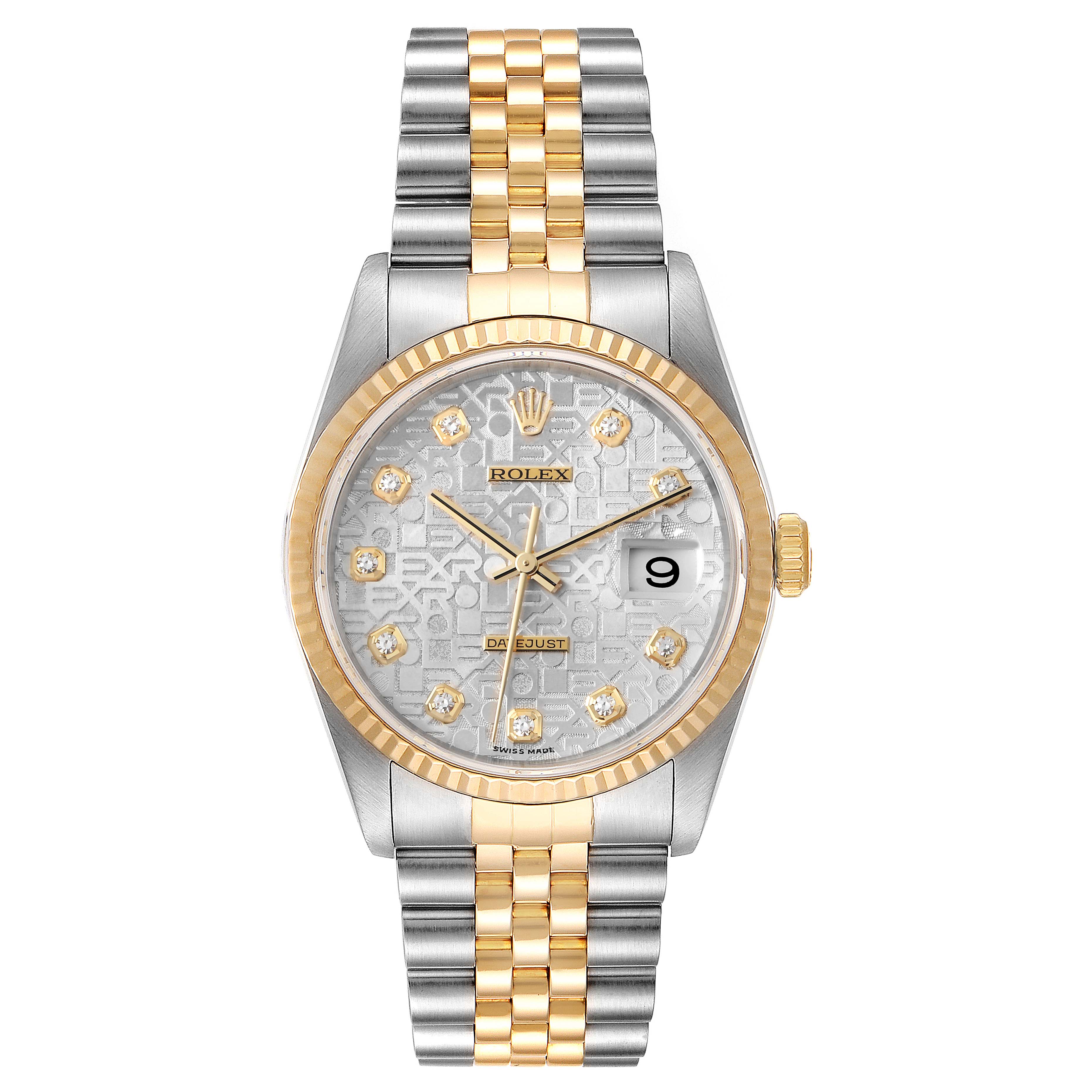 The image shows a Rolex Datejust 16233 Men's Steel and Gold (two tone) Silver Dial 16233 Men's Steel and Gold (two tone) Silver Dial watch displaying its face, fluted bezel, and two-tone Jubilee bracelet from a frontal angle.