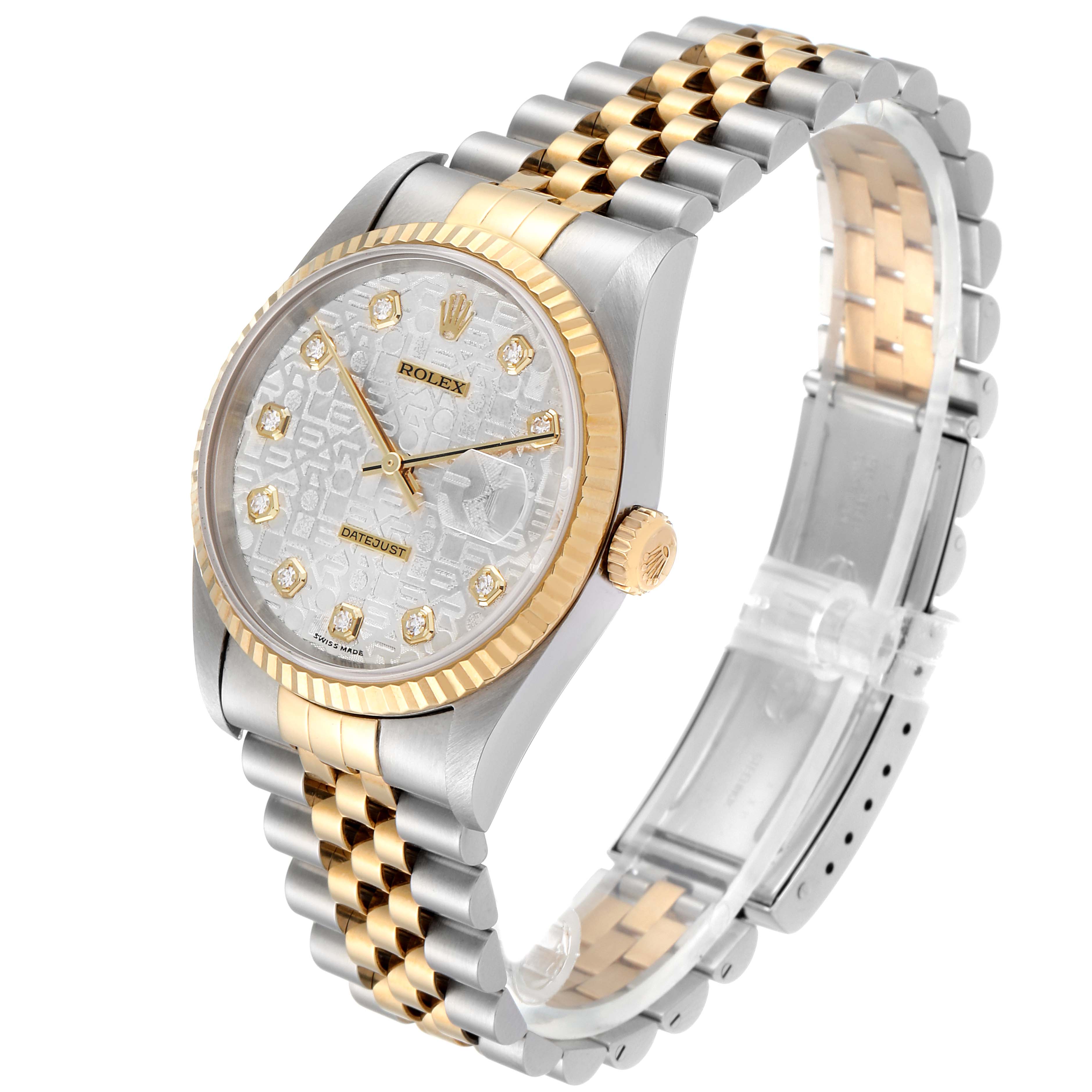 The image shows a side angle of the dial, bezel, case, crown, and Jubilee bracelet of the Rolex Datejust 16233 Men's Steel and Gold (two tone) Silver Dial 16233 Men's Steel and Gold (two tone) Silver Dial watch.
