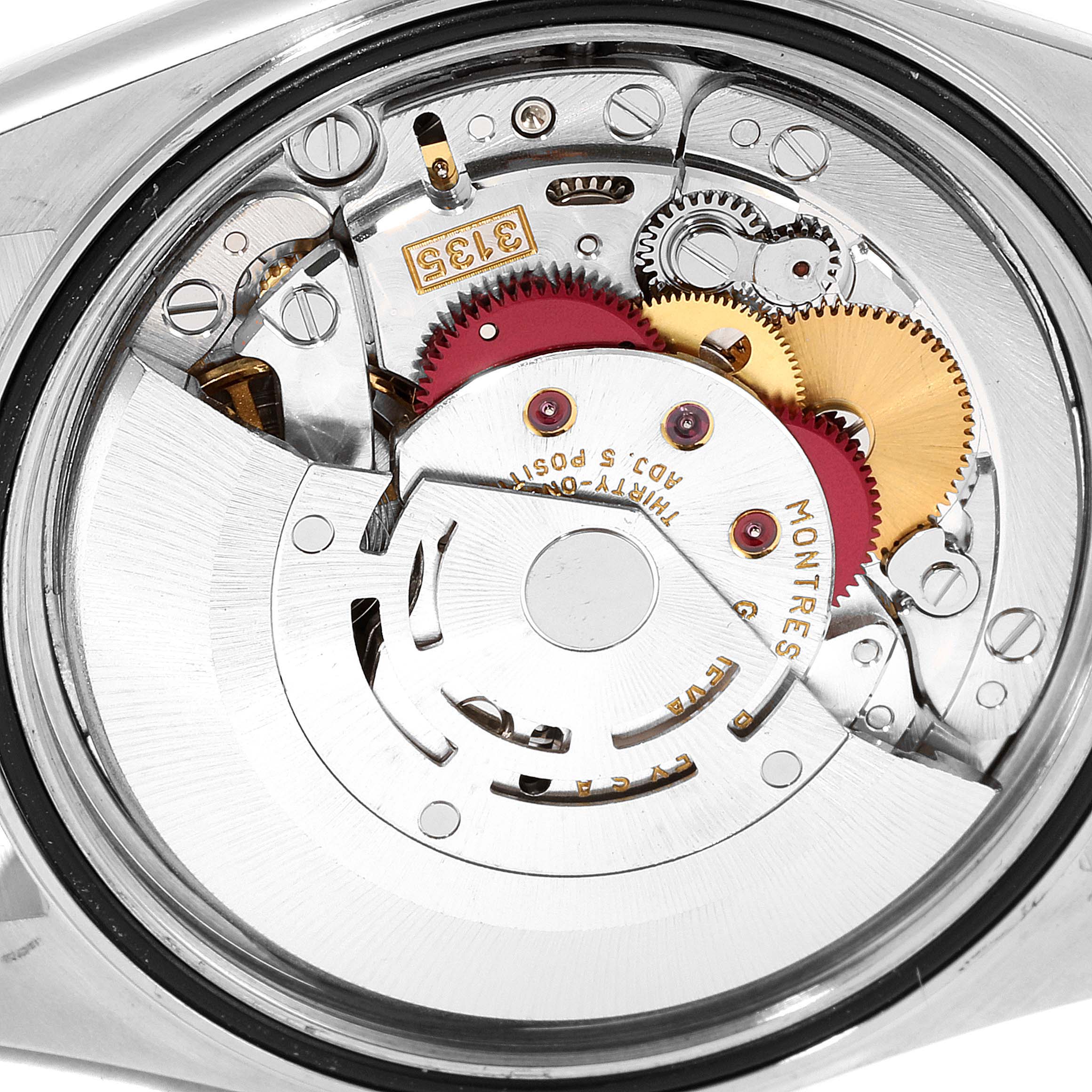 This image shows the internal mechanics and movement of a Rolex Datejust 16233 Men's Steel and Gold (two tone) Silver Dial 16233 Men's Steel and Gold (two tone) Silver Dial watch from a top-down angle.