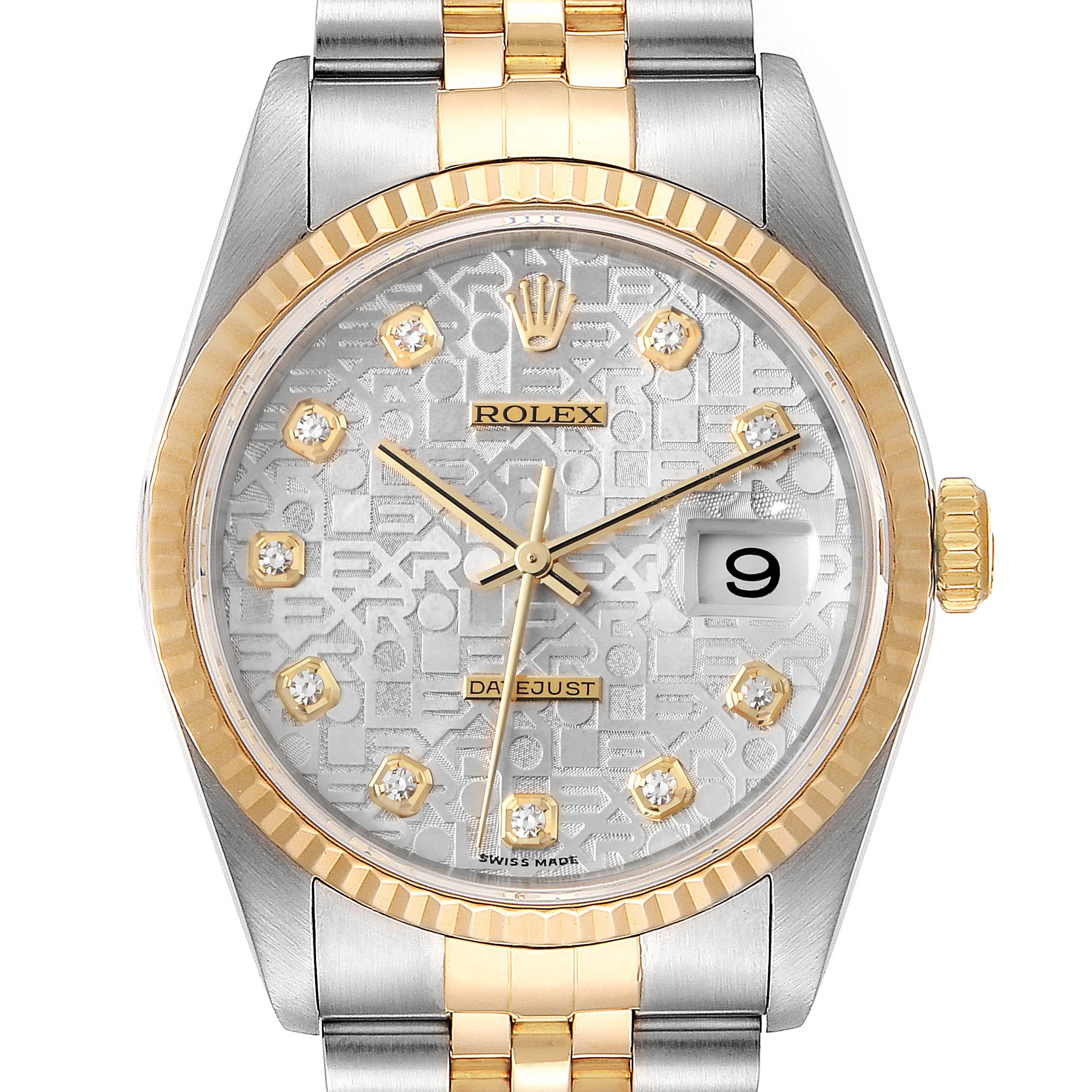 The image shows a Rolex Datejust 16233 Men's Steel and Gold (two tone) Silver Dial 16233 Men's Steel and Gold (two tone) Silver Dial watch with a two-tone band, gold fluted bezel, and date window at the 3 o'clock position.