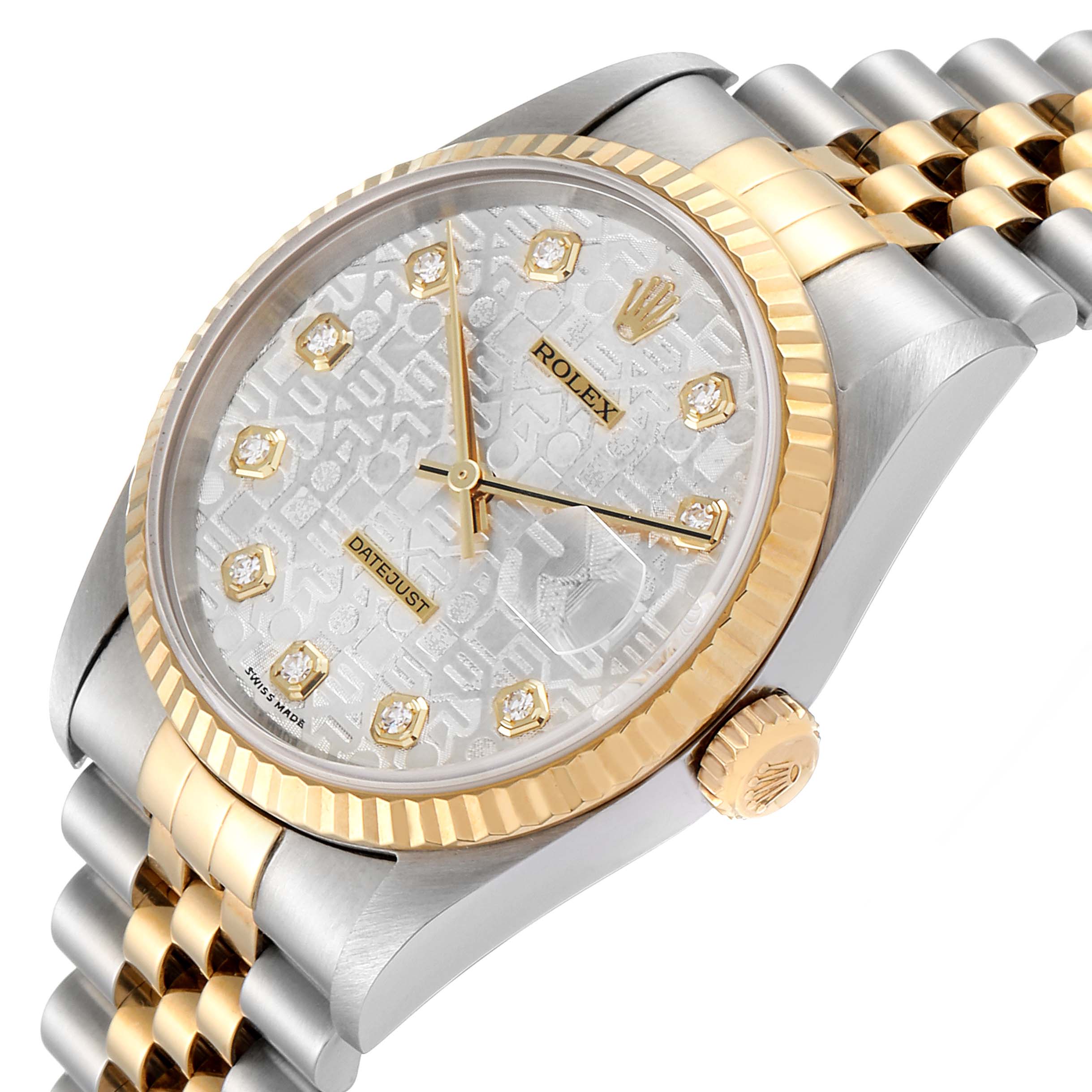 This Rolex Datejust 16233 Men's Steel and Gold (two tone) Silver Dial 16233 Men's Steel and Gold (two tone) Silver Dial is shown at a slight angle, featuring its dial, bezel, crown, and part of the bracelet.
