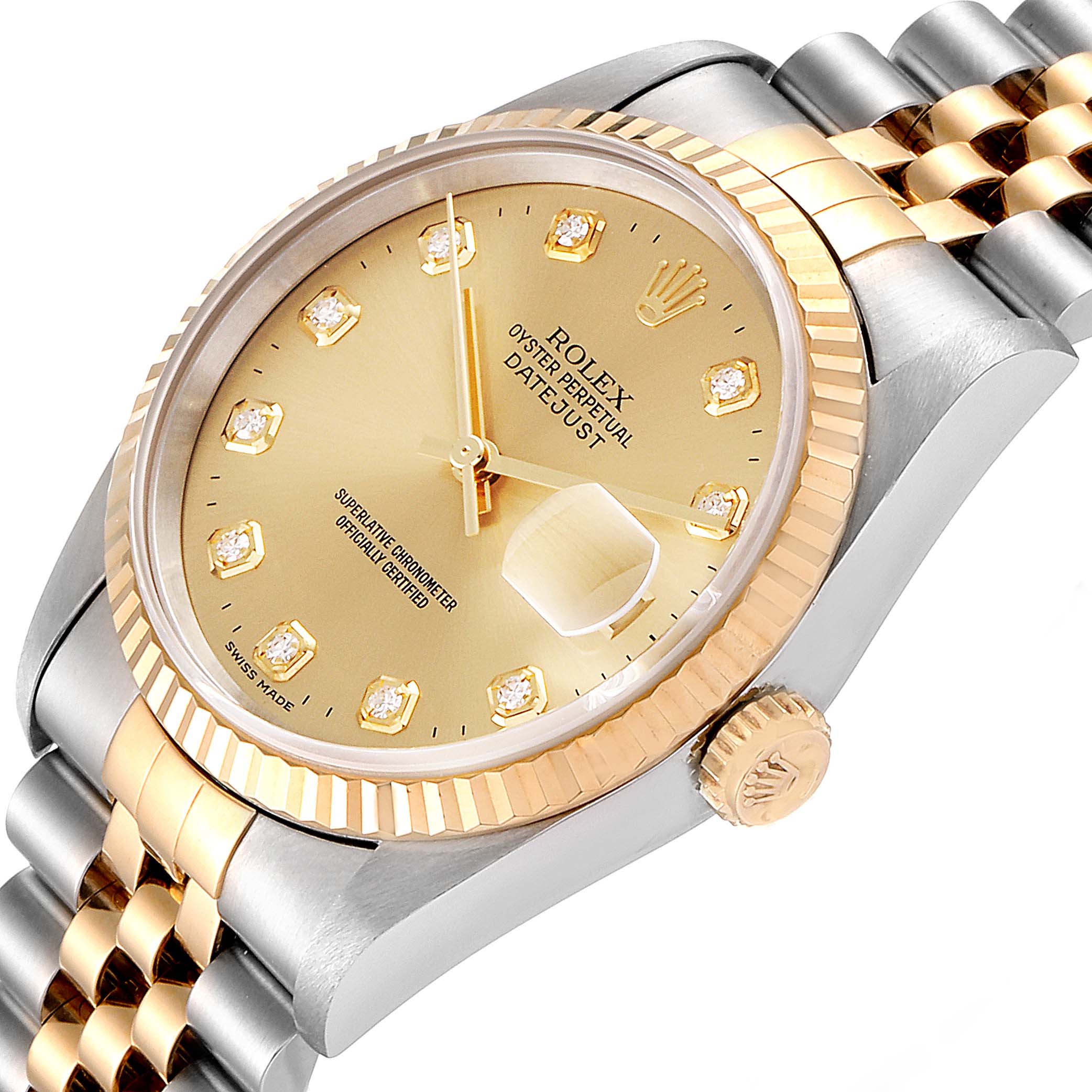 This image shows a close-up, angled view of the face, bezel, crown, and part of the bracelet of the Rolex Datejust 16233 Men's Steel and Gold (two tone) Champagne Dial 16233 Men's Steel and Gold (two tone) Champagne Dial watch.