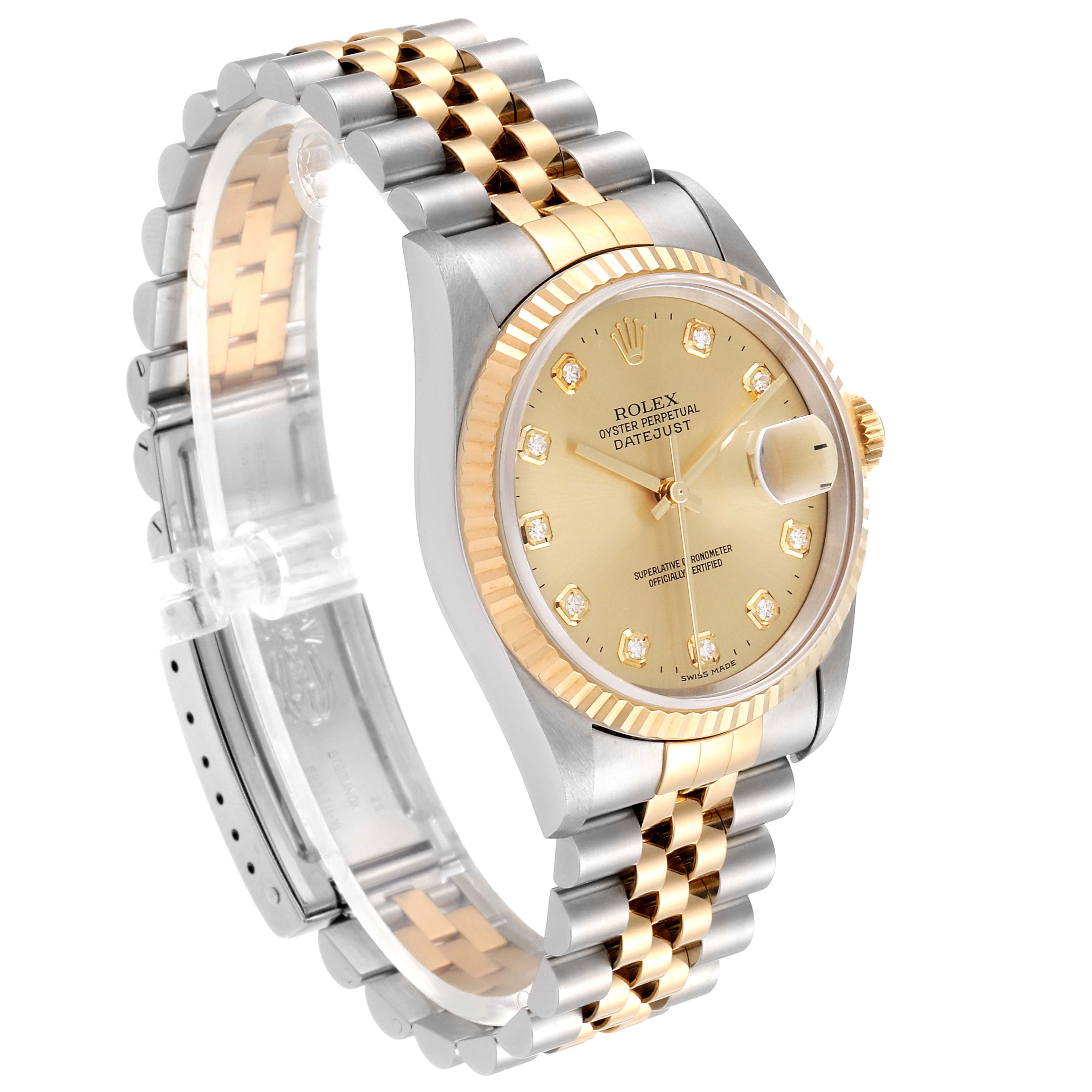 This image shows a Rolex Datejust 16233 Men's Steel and Gold (two tone) Champagne Dial 16233 Men's Steel and Gold (two tone) Champagne Dial watch at a three-quarter angle, highlighting the gold and silver bracelet and the detailed watch face.