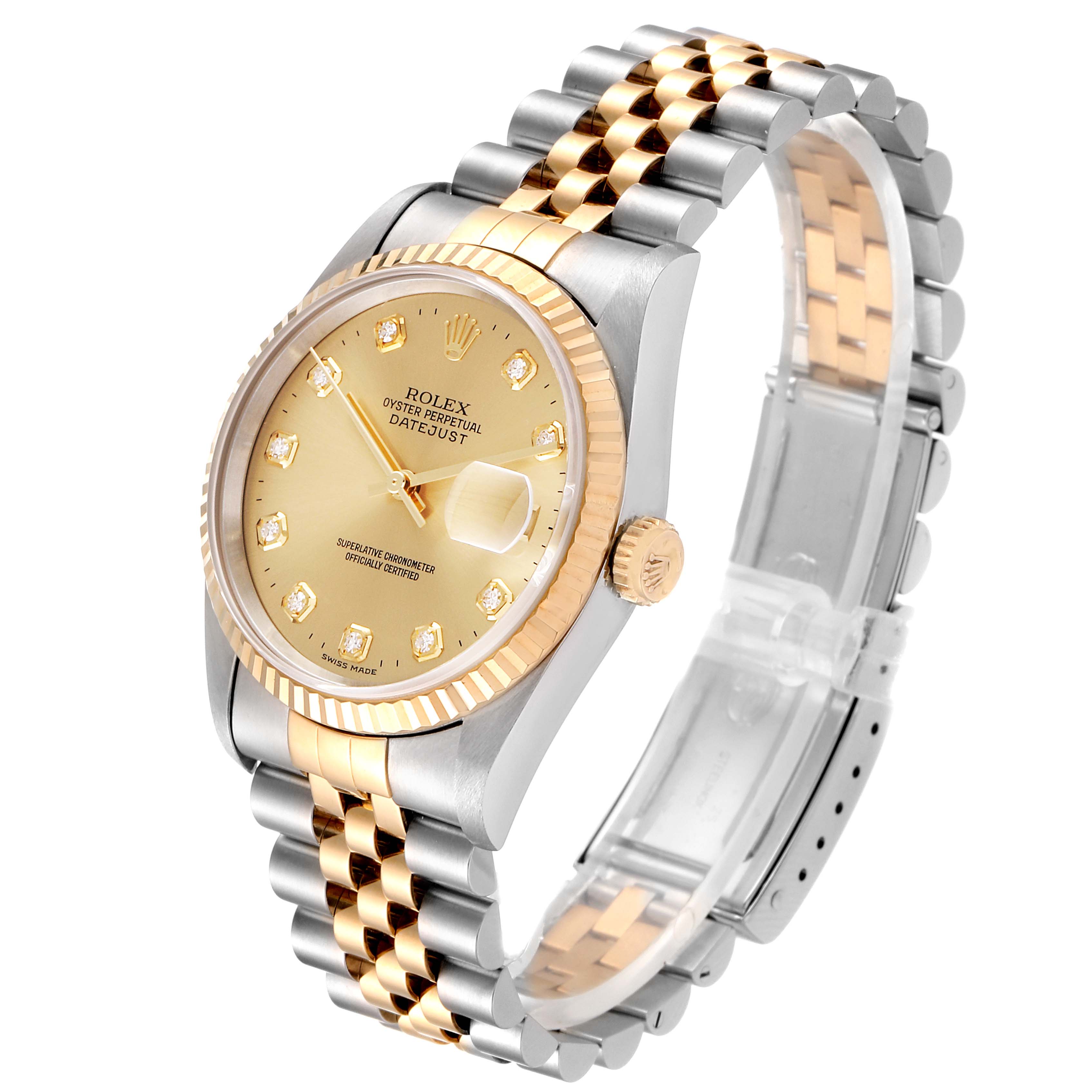 The Rolex Datejust 16233 Men's Steel and Gold (two tone) Champagne Dial 16233 Men's Steel and Gold (two tone) Champagne Dial watch is shown at an angled view displaying its gold and silver jubilee bracelet, gold fluted bezel, and champagne dial with diamond hour markers.