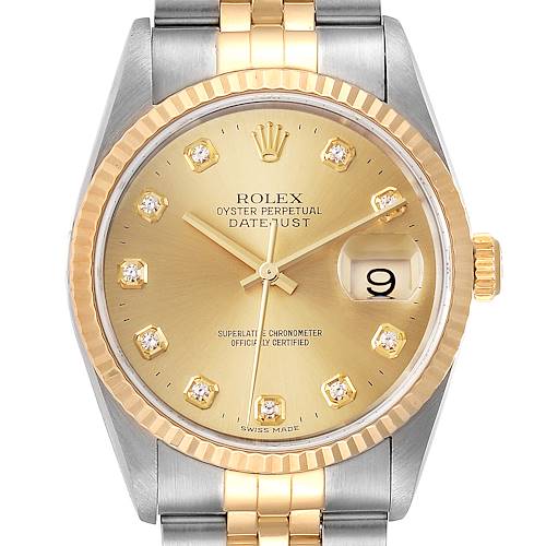 This image shows a Rolex Datejust watch, featuring the face, hands, crown, and part of the bracelet from a front angle.