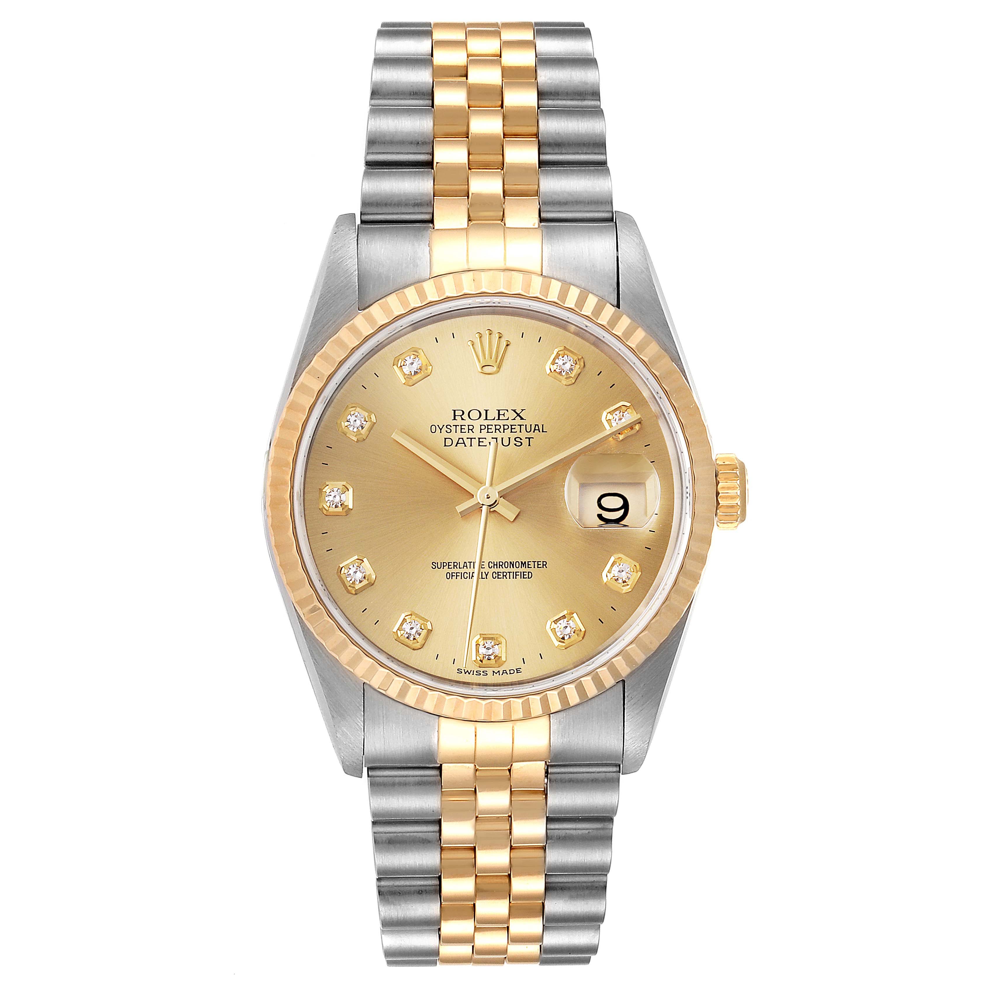The image shows a Rolex Datejust 16233 Men's Steel and Gold (two tone) Champagne Dial 16233 Men's Steel and Gold (two tone) Champagne Dial watch in a front view, highlighting the two-tone bracelet, gold dial, and diamond hour markers.