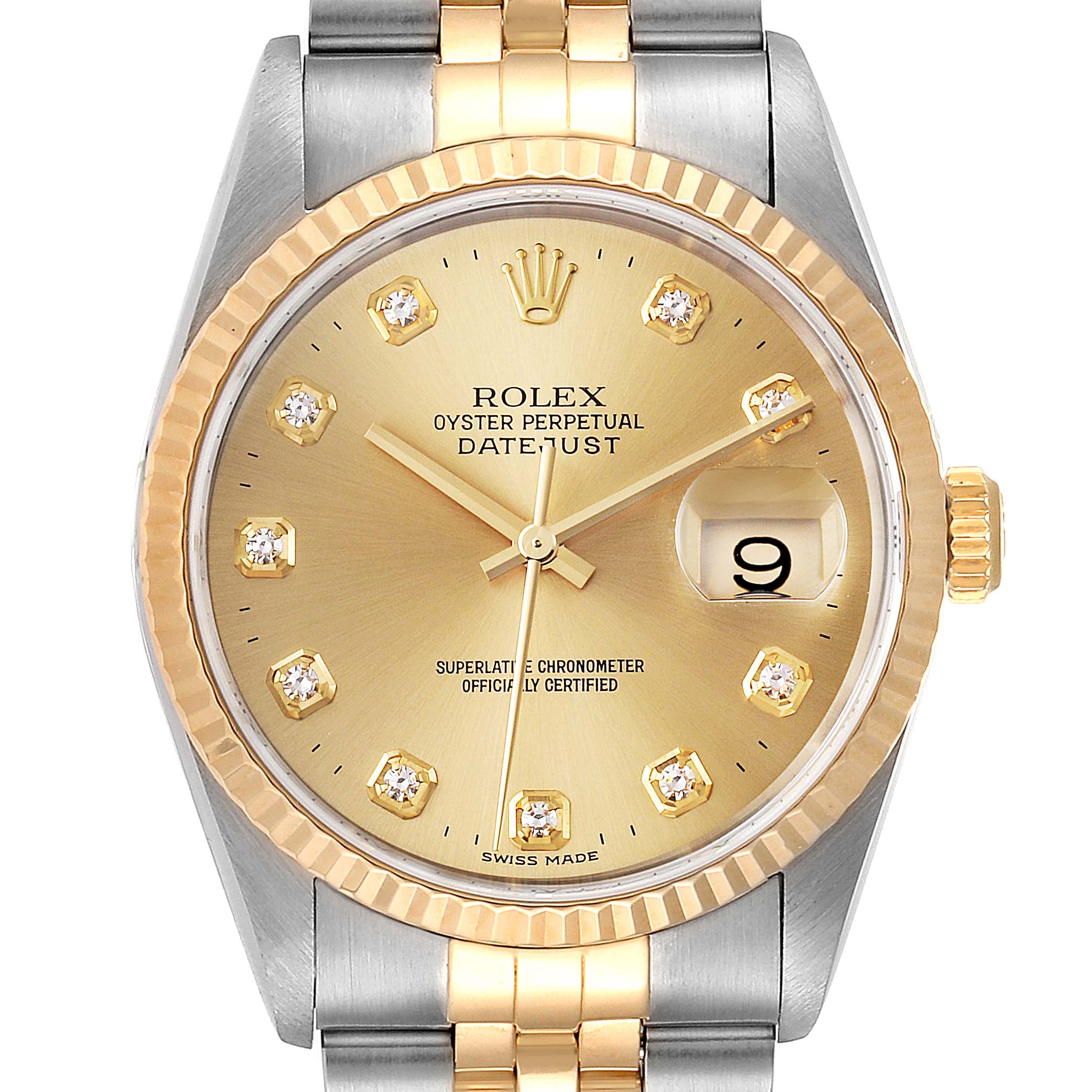 The image shows a frontal view of the Rolex Datejust 16233 Men's Steel and Gold (two tone) Champagne Dial 16233 Men's Steel and Gold (two tone) Champagne Dial watch, highlighting the dial, bezel, hands, date window, and bracelet.