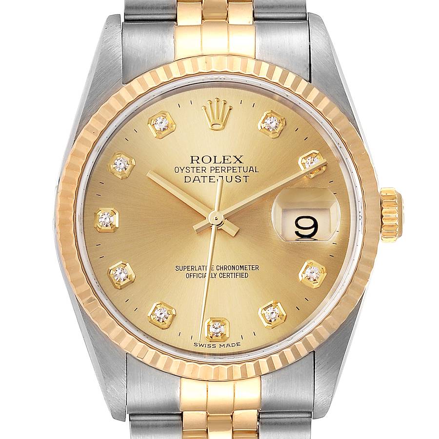 Rolex Datejust Steel 18K Yellow Gold Diamond Dial Mens Watch 16233 Papers SwissWatchExpo