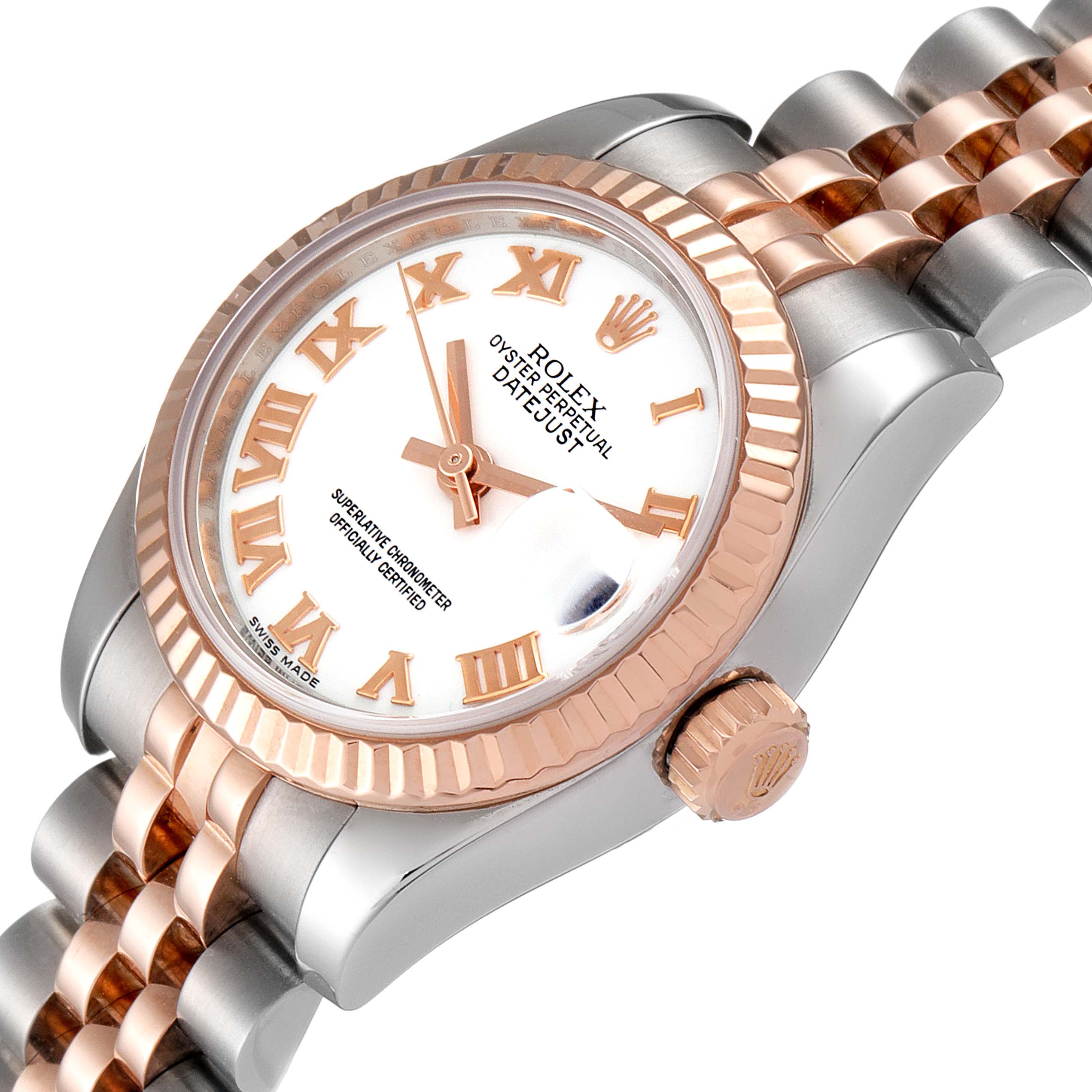 The image shows a side and top view of the Rolex Datejust 179171 Women's Steel and Gold (two tone) White Dial 179171 Women's Steel and Gold (two tone) White Dial watch, featuring its white dial, Roman numerals, and two-tone bracelet.