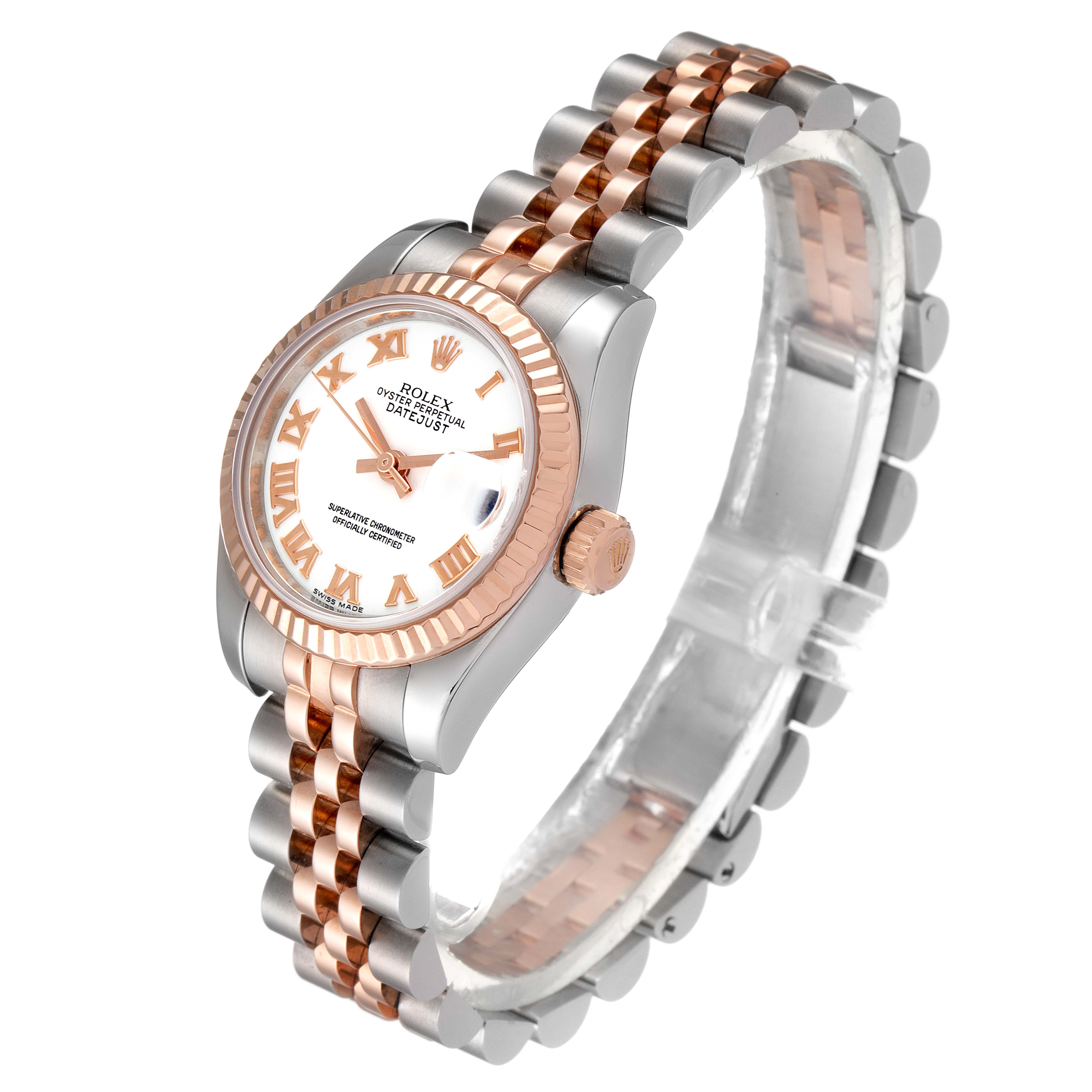 The image shows a Rolex Datejust 179171 Women's Steel and Gold (two tone) White Dial 179171 Women's Steel and Gold (two tone) White Dial watch at a three-quarter angle, highlighting the face, crown, and two-tone bracelet.