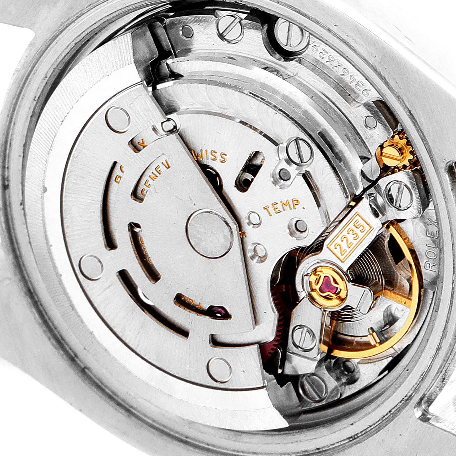 This is a close-up of the movement mechanism of a Rolex Datejust 179171 Women's Steel and Gold (two tone) White Dial 179171 Women's Steel and Gold (two tone) White Dial watch.