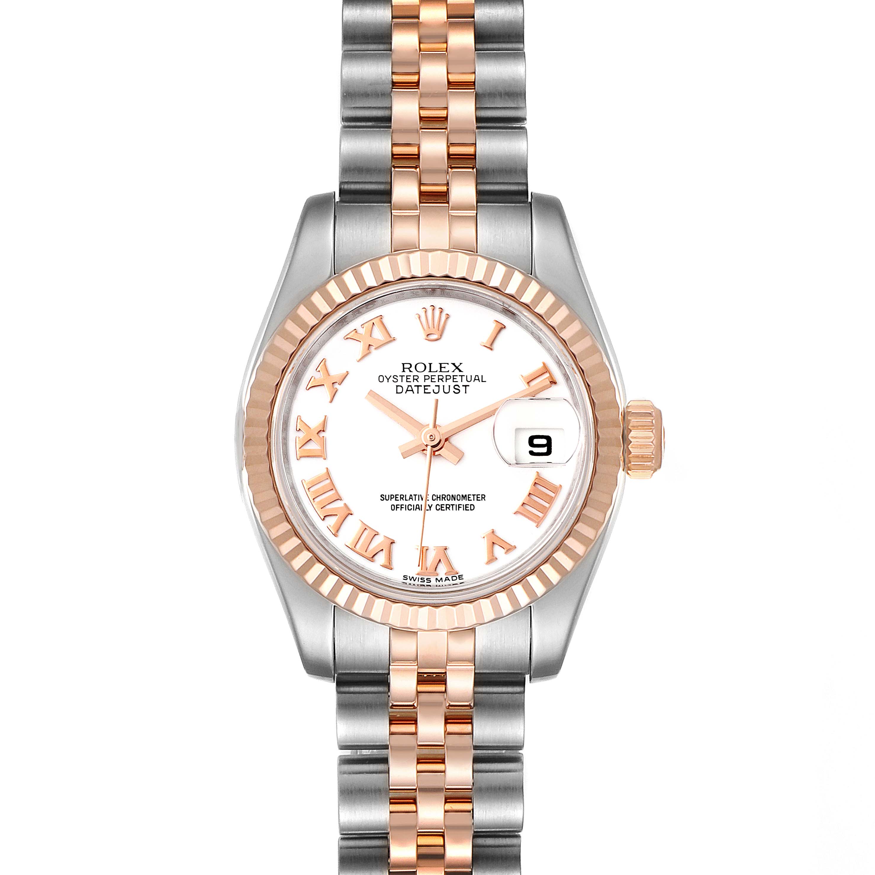 This image shows a frontal view of the Rolex Datejust 179171 Women's Steel and Gold (two tone) White Dial 179171 Women's Steel and Gold (two tone) White Dial watch, displaying its face, bezel, and two-tone bracelet.