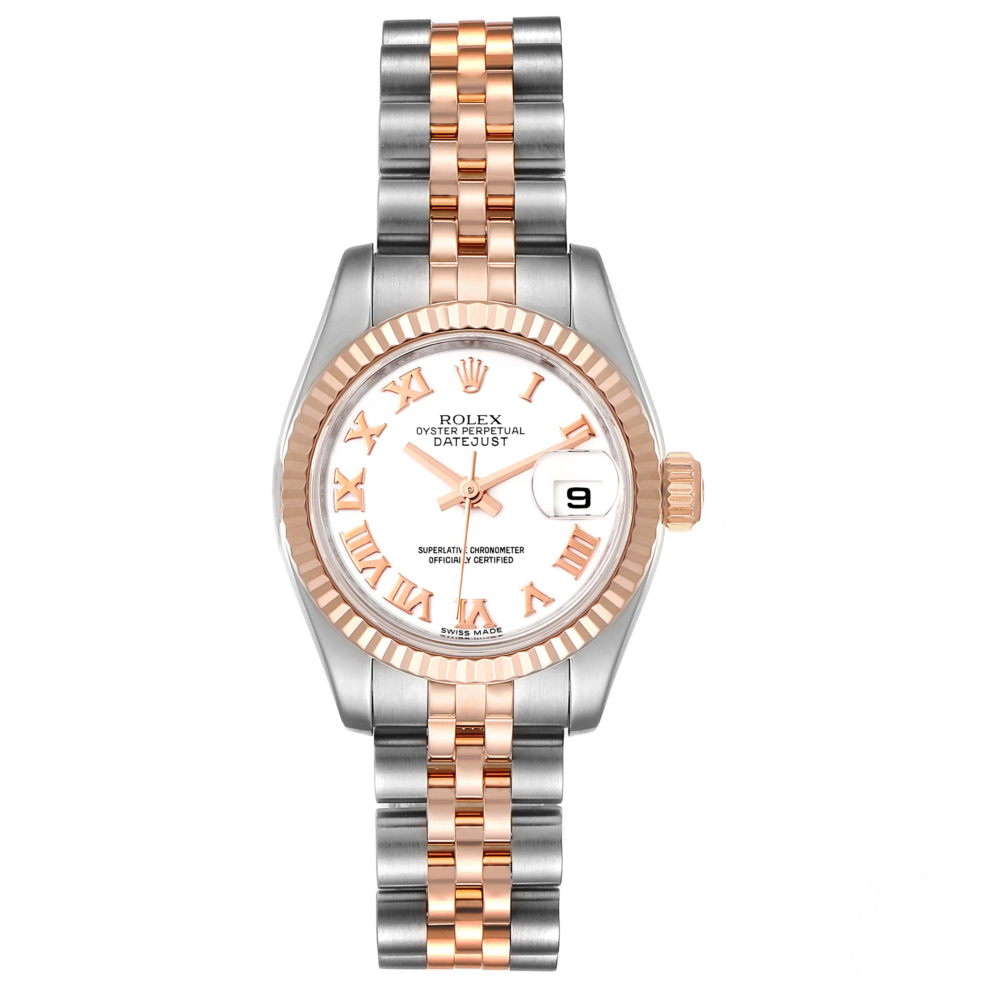 This image shows a Rolex Datejust 179171 Women's Steel and Gold (two tone) White Dial 179171 Women's Steel and Gold (two tone) White Dial watch from a top-down angle, displaying the dial, bezel, and bracelet.