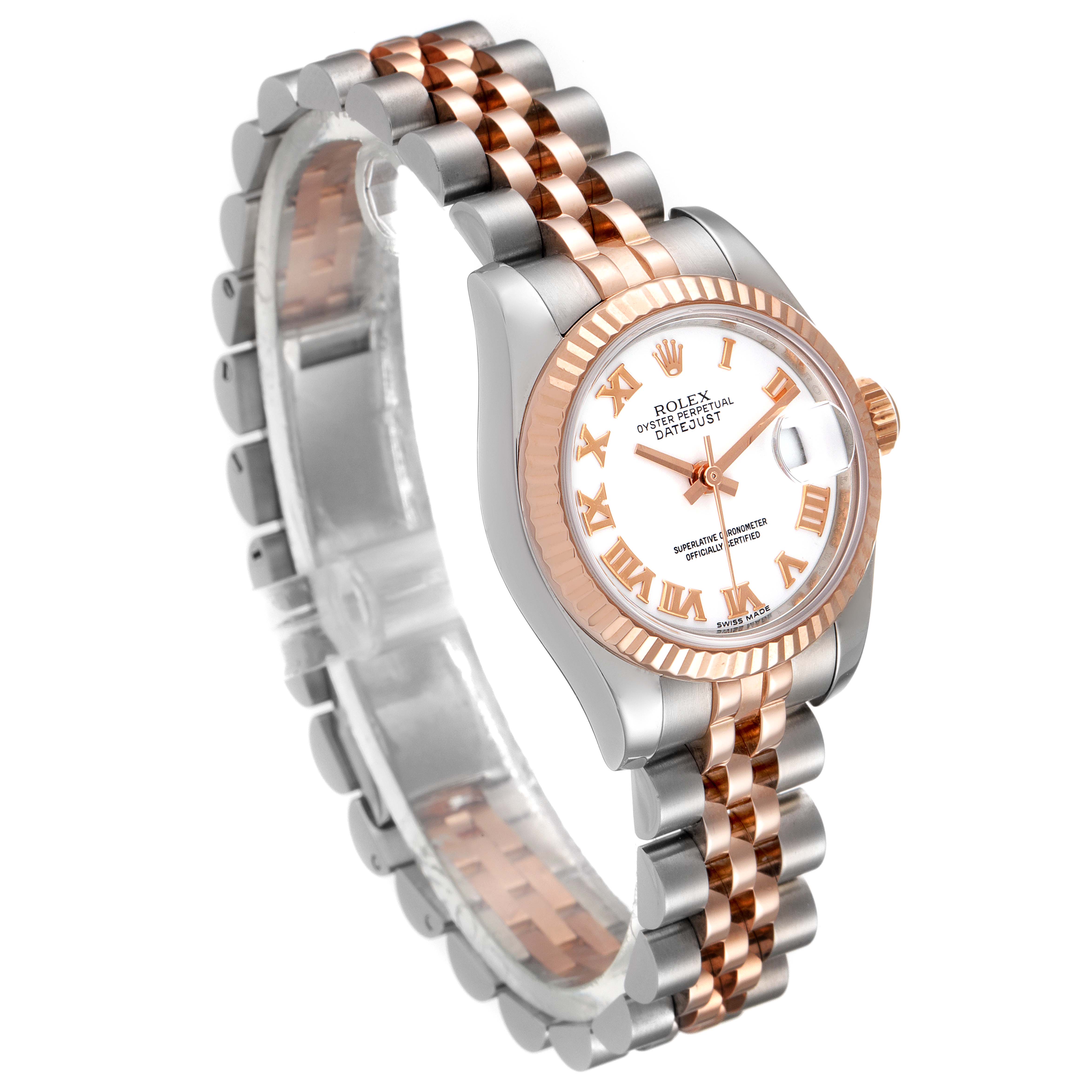 The image shows a Rolex Datejust 179171 Women's Steel and Gold (two tone) White Dial 179171 Women's Steel and Gold (two tone) White Dial watch at a slight side angle, highlighting its two-tone bracelet and dial.