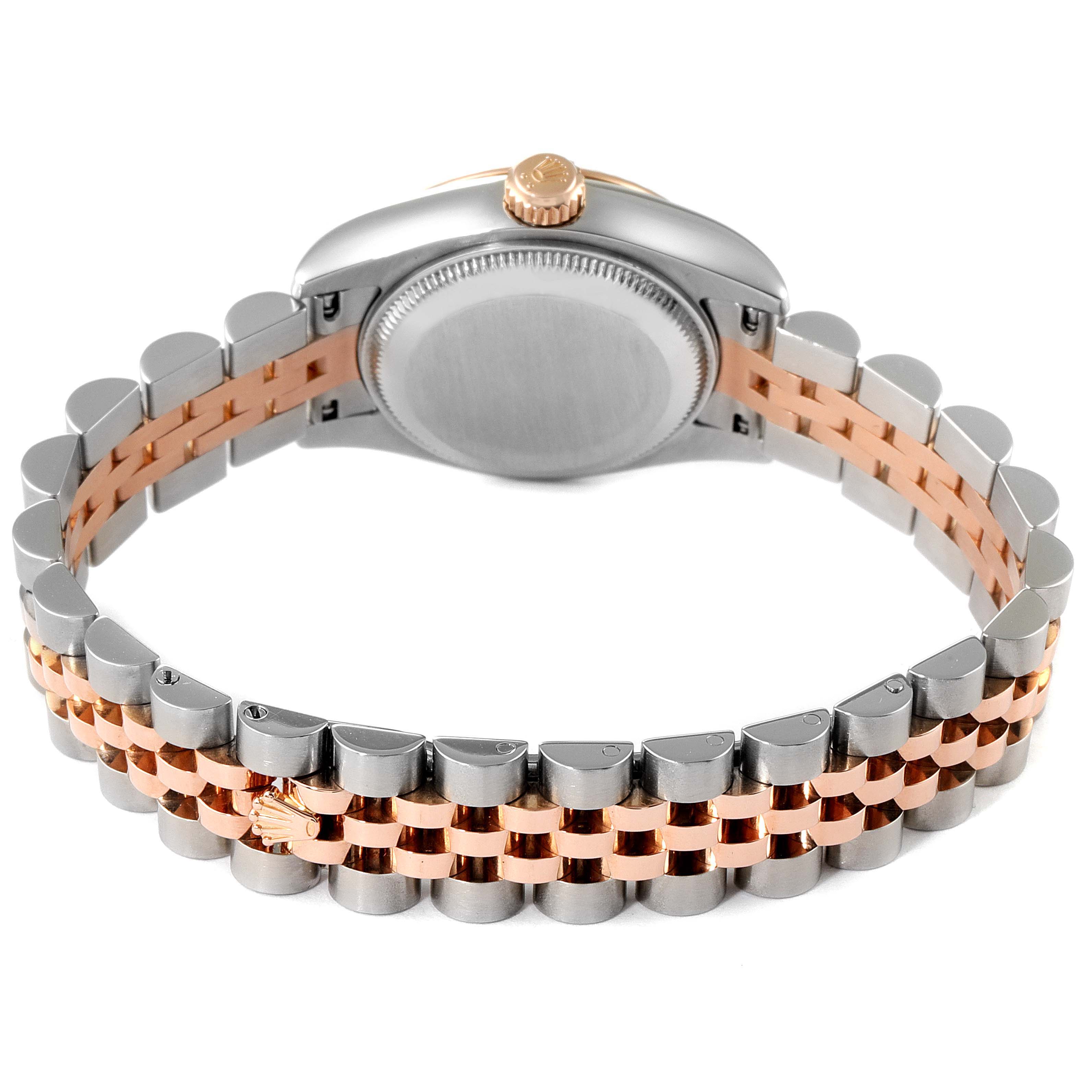 The image shows the back side of a Rolex Datejust 179171 Women's Steel and Gold (two tone) White Dial 179171 Women's Steel and Gold (two tone) White Dial watch, highlighting its two-tone bracelet and case back.