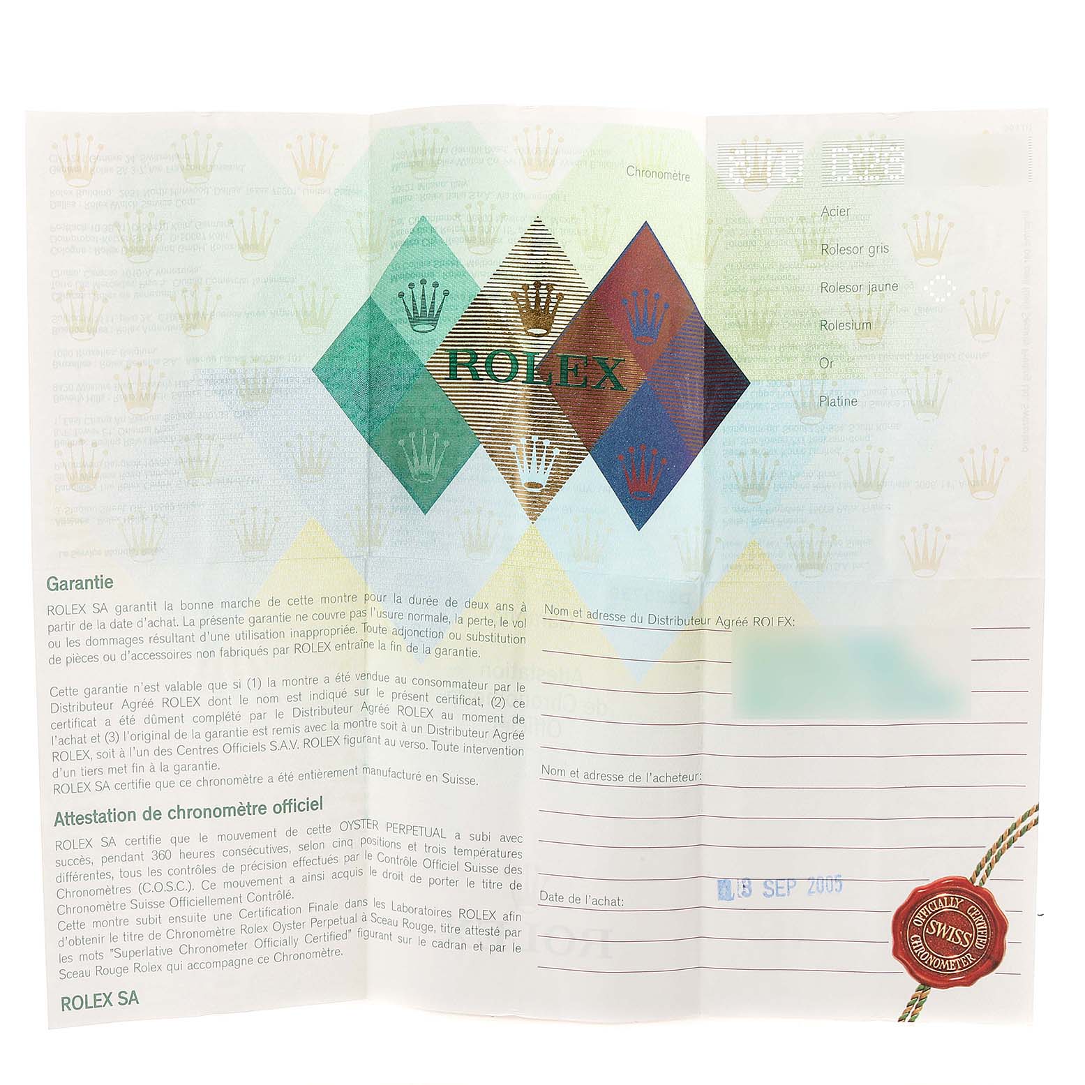 The image shows the warranty certificate for a Rolex Datejust 116233 Men's Steel and Gold (two tone) Black Dial 116233 Men's Steel and Gold (two tone) Black Dial watch.