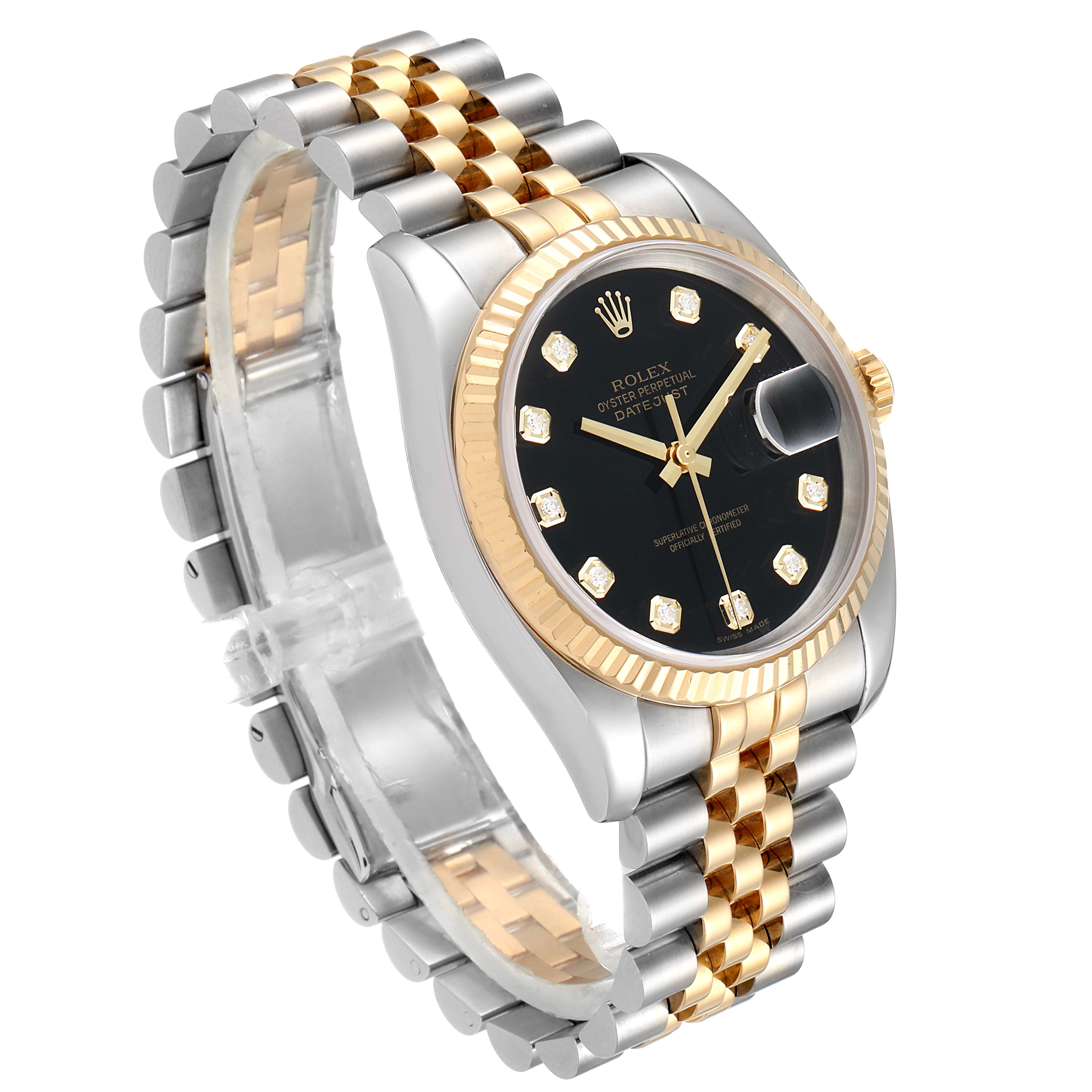 The image shows a side angle of a Rolex Datejust 116233 Men's Steel and Gold (two tone) Black Dial 116233 Men's Steel and Gold (two tone) Black Dial watch, highlighting its two-tone bracelet and black dial with diamond markers.