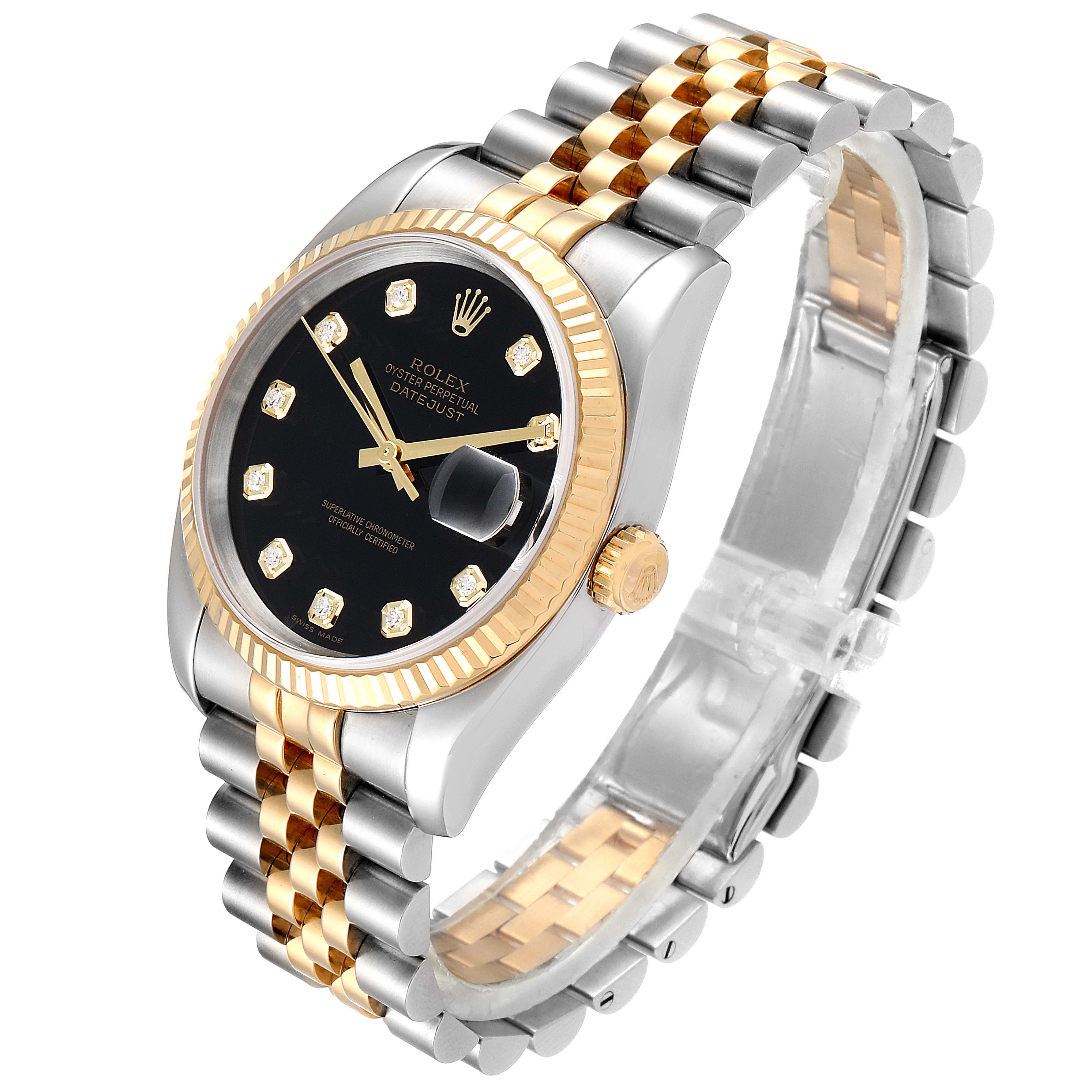 This Rolex Datejust 116233 Men's Steel and Gold (two tone) Black Dial 116233 Men's Steel and Gold (two tone) Black Dial watch is shown at a three-quarter angle, displaying the face, bezel, and bracelet.