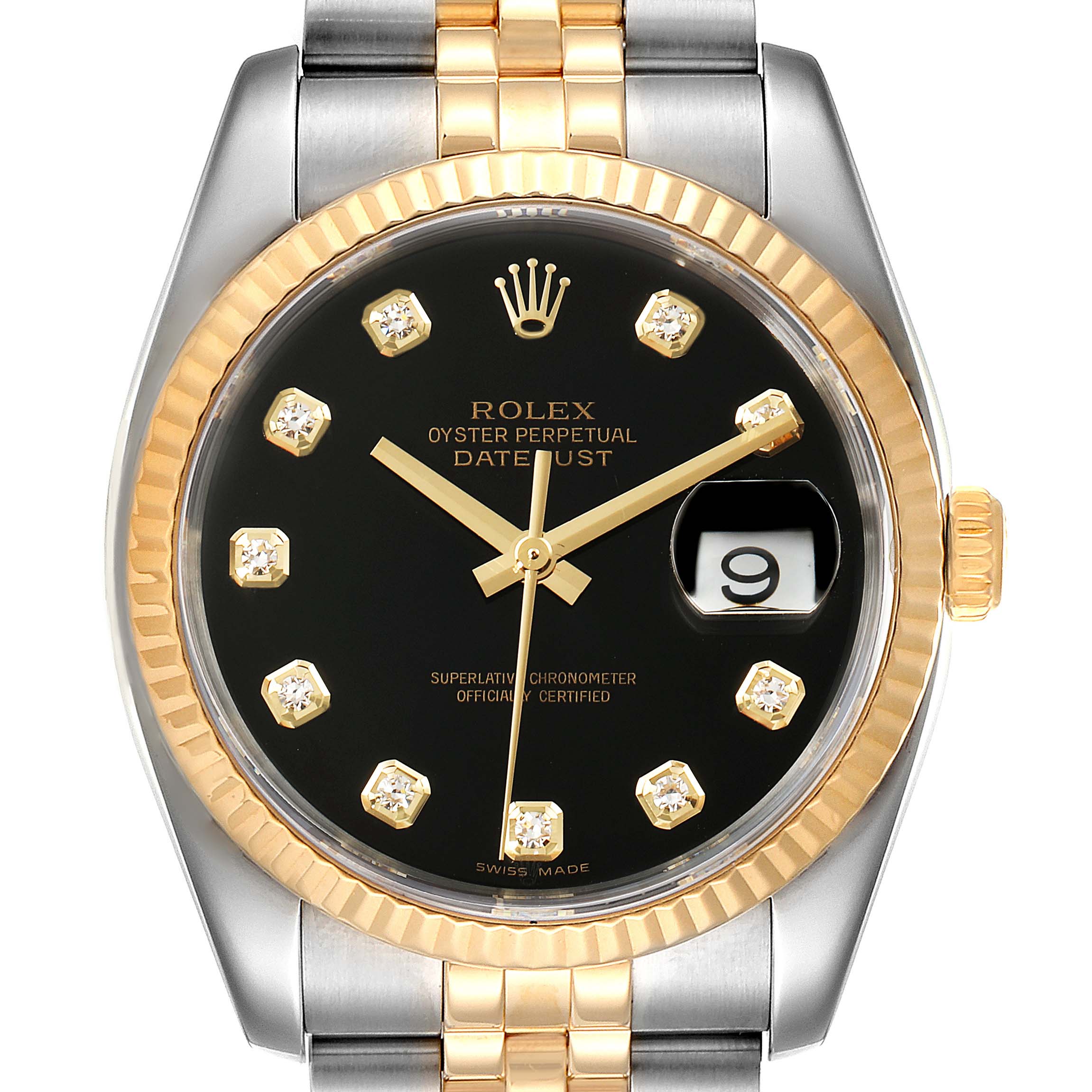 This image shows a front view of the Rolex Datejust 116233 Men's Steel and Gold (two tone) Black Dial 116233 Men's Steel and Gold (two tone) Black Dial watch, displaying the black dial, gold bezel, diamond hour markers, and date window.