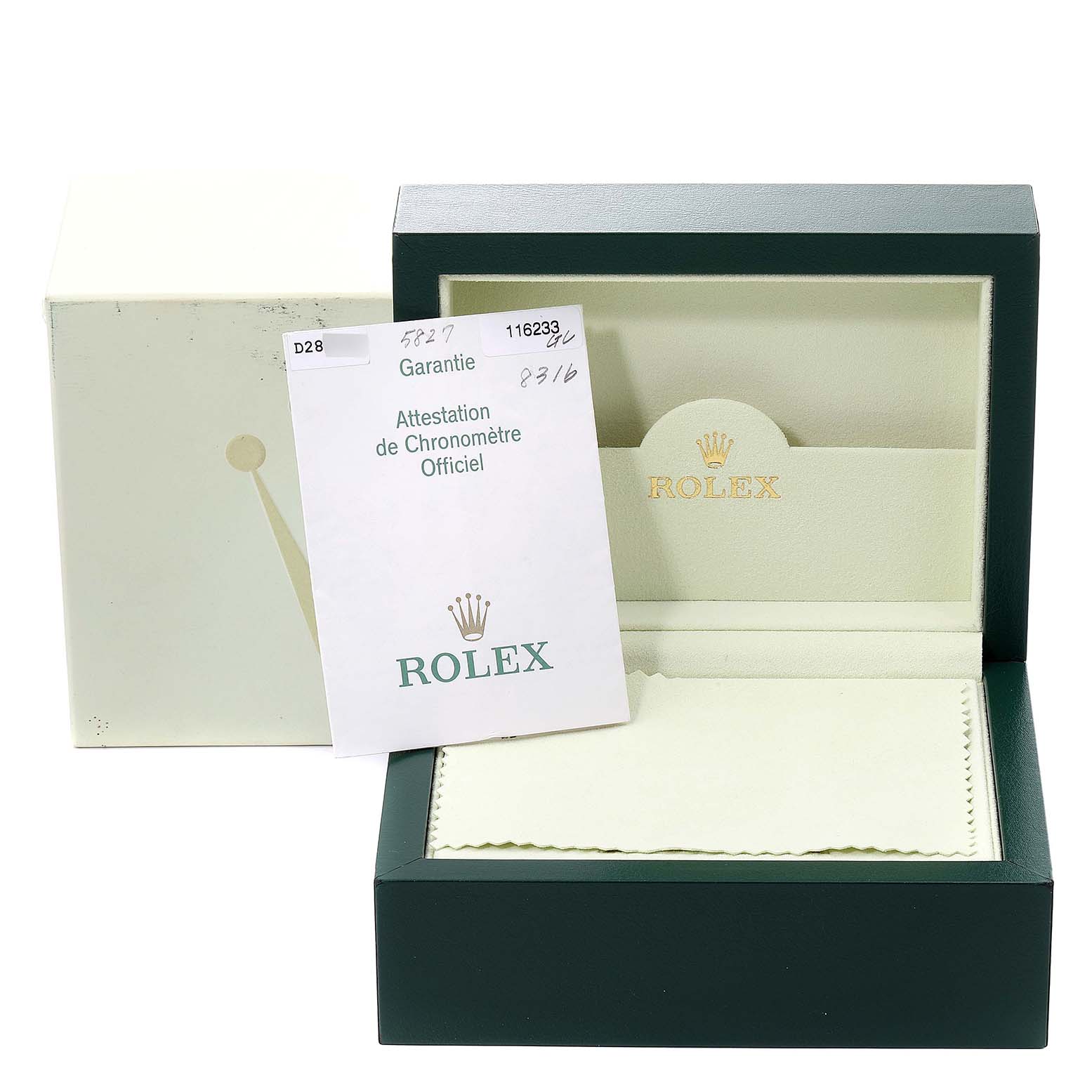 This image shows the packaging of a Rolex Datejust 116233 Men's Steel and Gold (two tone) Black Dial 116233 Men's Steel and Gold (two tone) Black Dial watch, including the box, warranty card, and official chronometer certification.