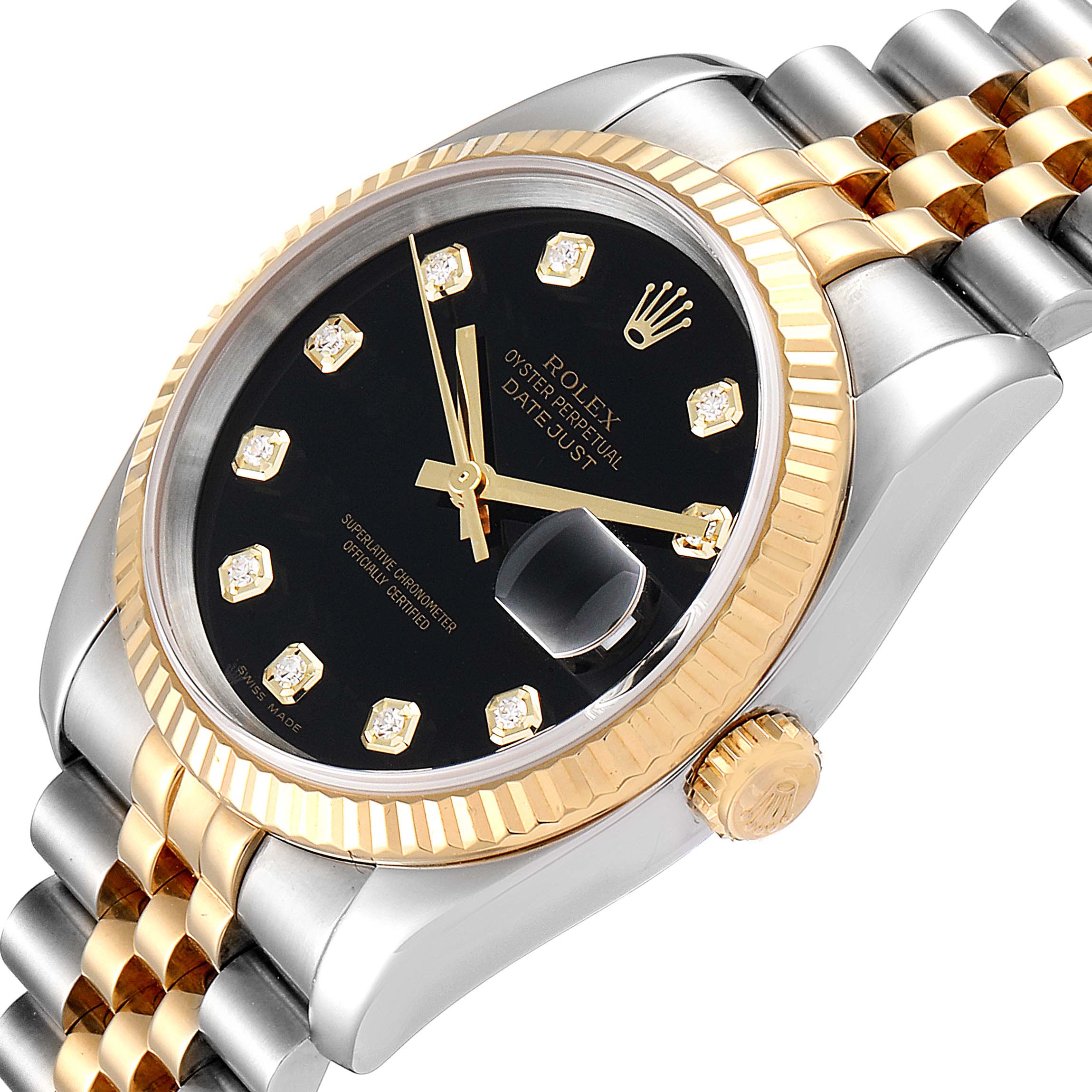 This image shows a close-up angle of the Rolex Datejust 116233 Men's Steel and Gold (two tone) Black Dial 116233 Men's Steel and Gold (two tone) Black Dial watch, highlighting the black dial, gold bezel, and jubilee bracelet.