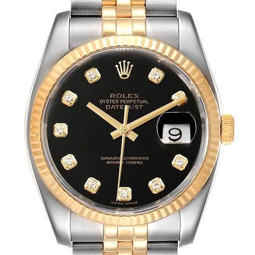 Photo of Rolex Datejust Steel Yellow Gold Black Diamond Mens Watch 116233 Box Papers