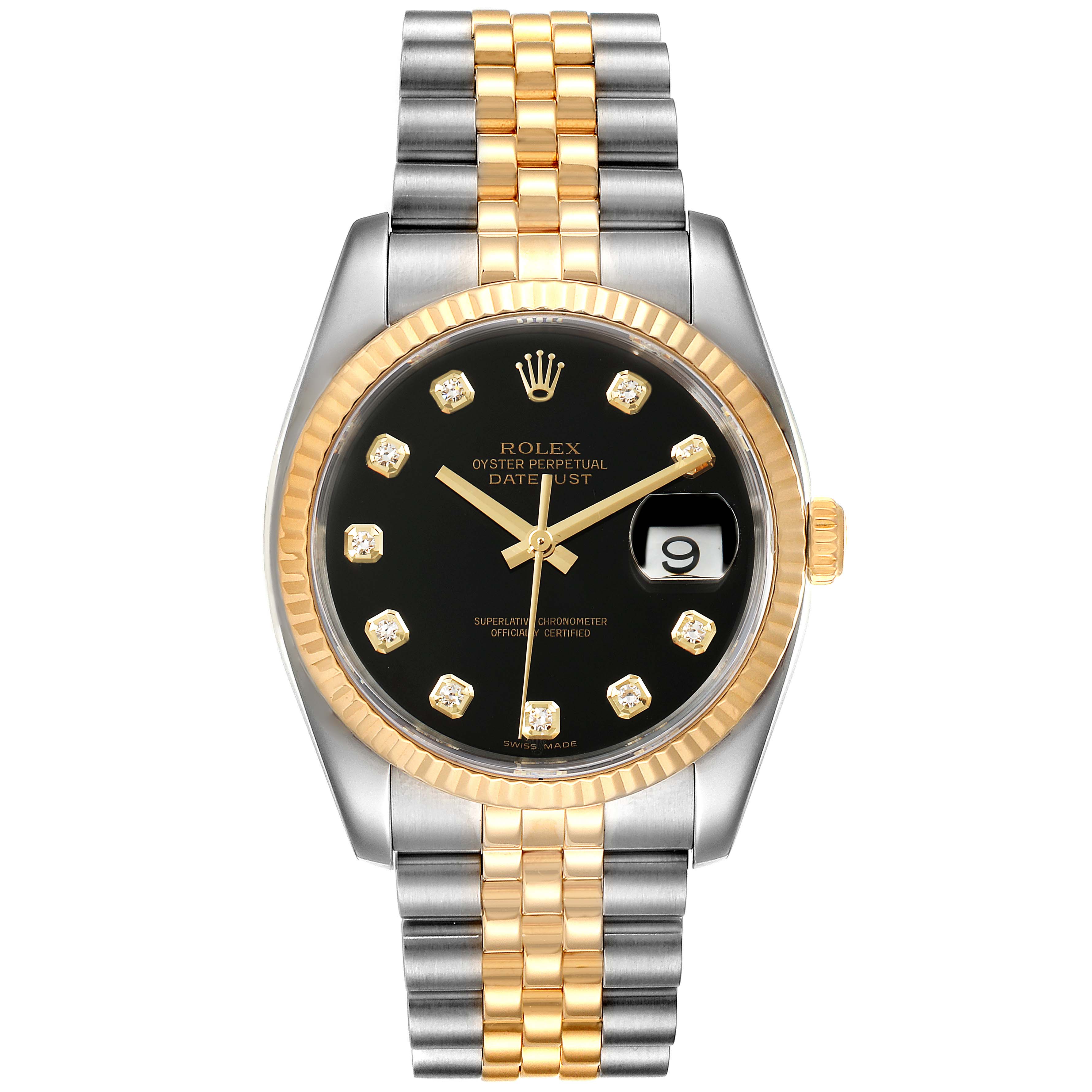 This image shows a Rolex Datejust 116233 Men's Steel and Gold (two tone) Black Dial 116233 Men's Steel and Gold (two tone) Black Dial watch from the front, highlighting its black dial, gold markers, and two-tone bracelet.