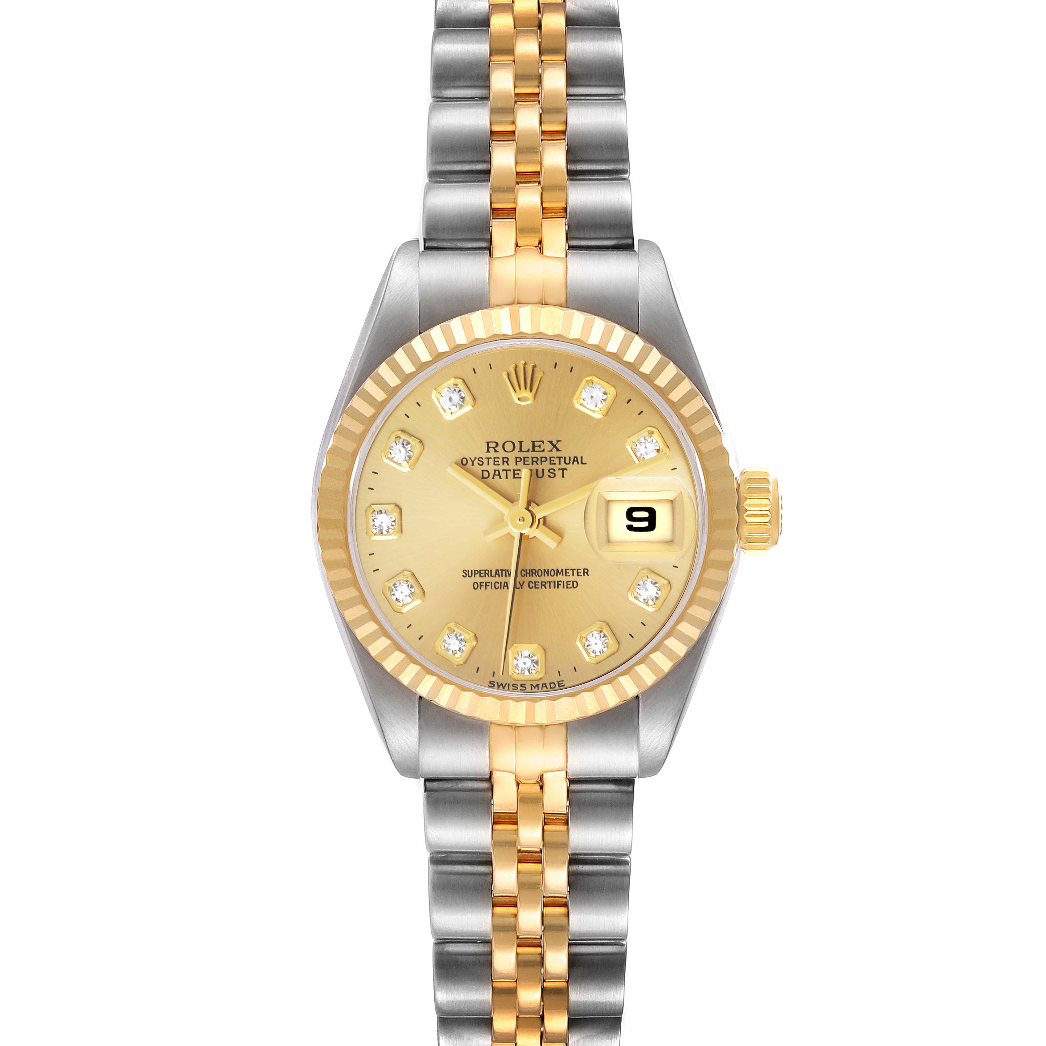 The image shows a front view of the Rolex Datejust 69173 Women's Steel and Gold (two tone) Champagne Dial 69173 Women's Steel and Gold (two tone) Champagne Dial watch, highlighting its gold and silver jubilee bracelet, gold dial, and date window.