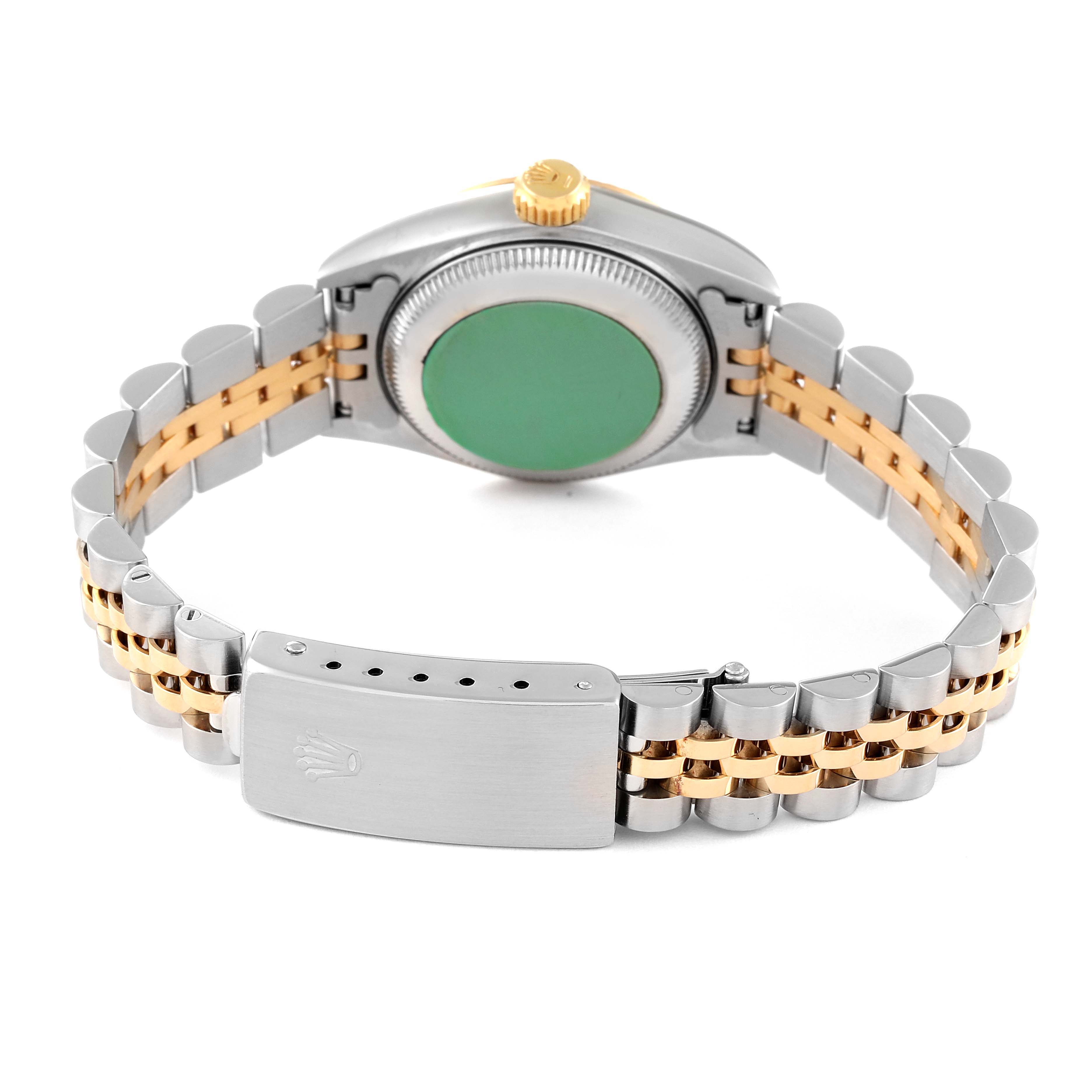 This image shows the back view and bracelet clasp of a Rolex Datejust 69173 Women's Steel and Gold (two tone) Champagne Dial 69173 Women's Steel and Gold (two tone) Champagne Dial watch.