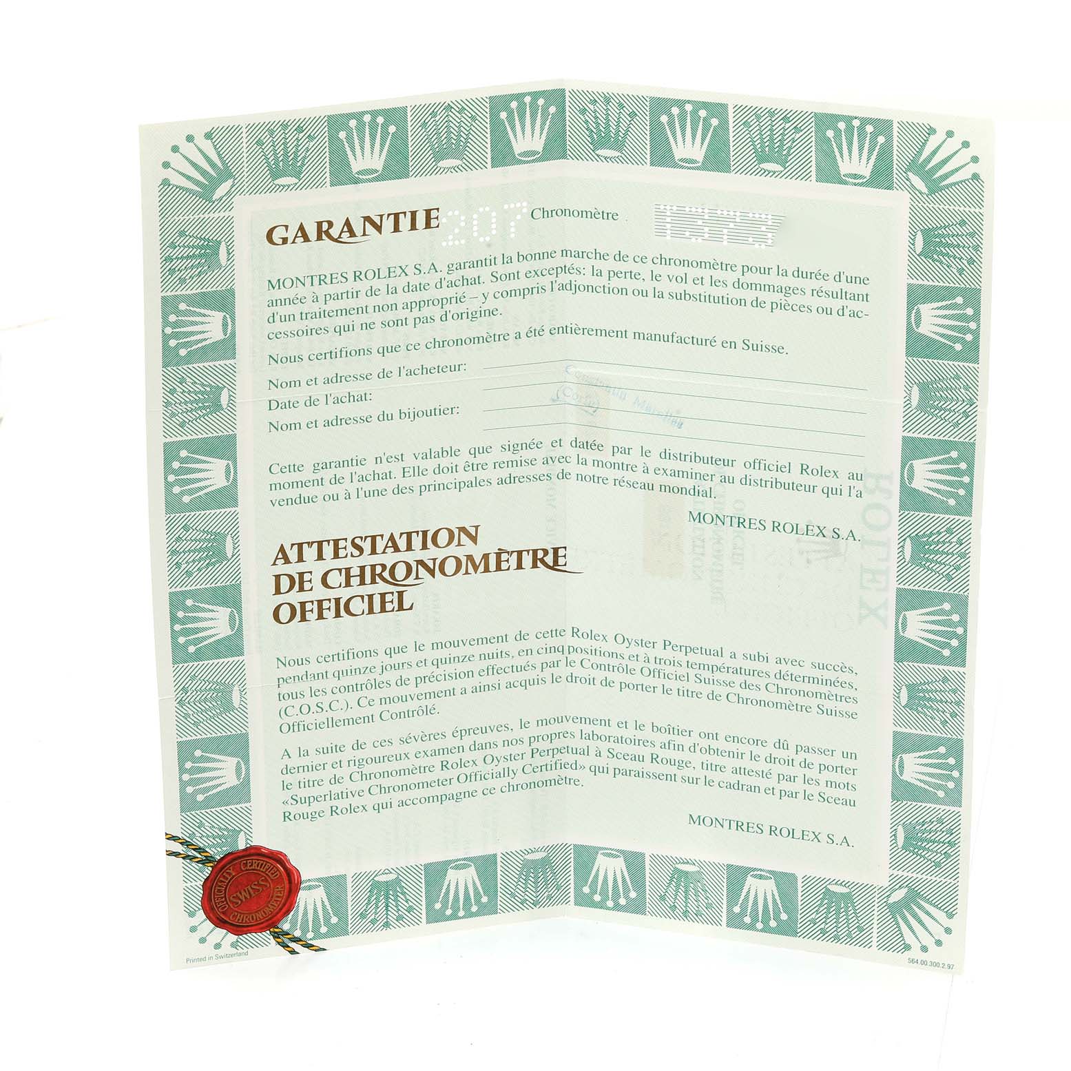 The image shows a certificate and guarantee card for the Rolex Datejust 69173 Women's Steel and Gold (two tone) Champagne Dial 69173 Women's Steel and Gold (two tone) Champagne Dial watch, emphasizing its authenticity and chronometer certification.