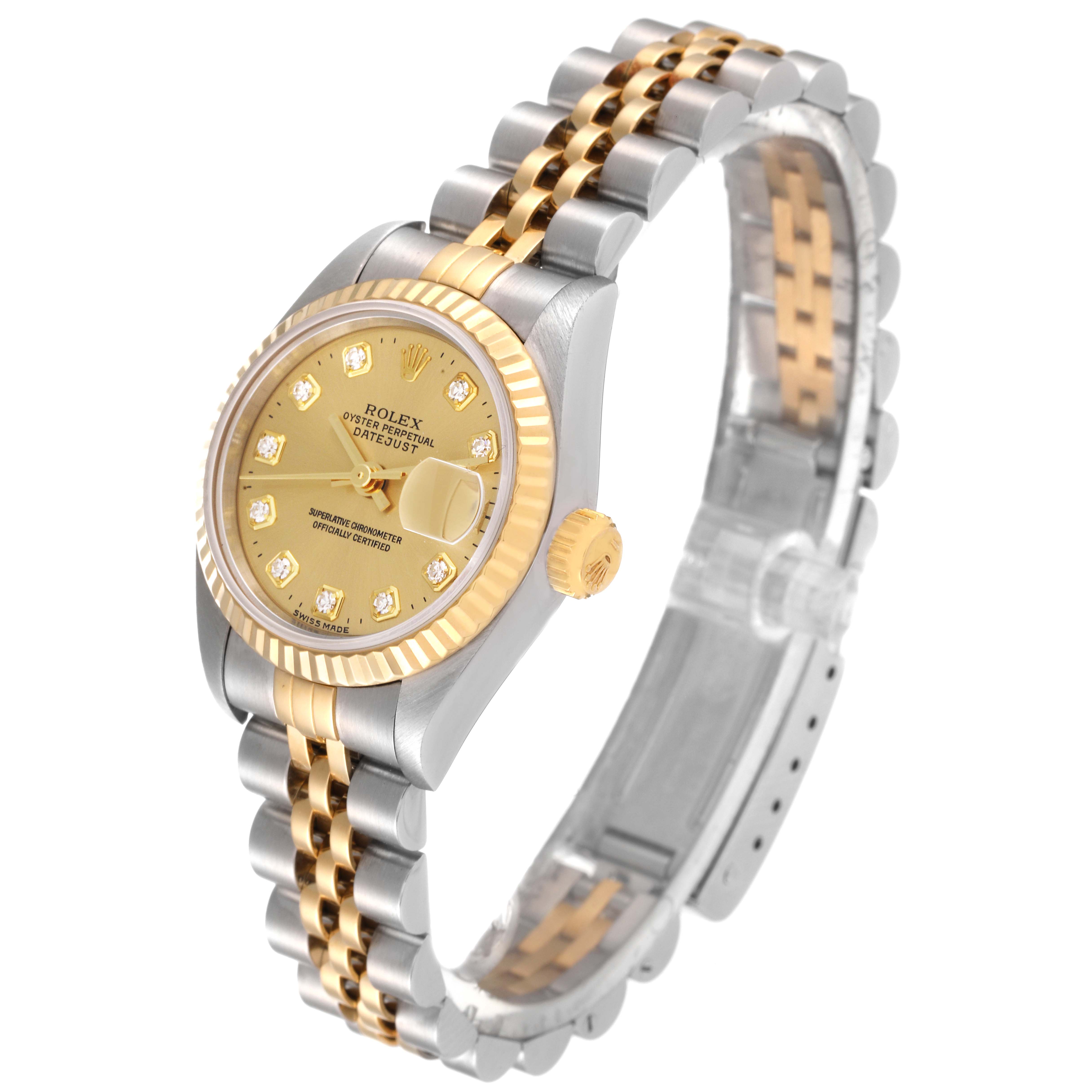 This Rolex Datejust 69173 Women's Steel and Gold (two tone) Champagne Dial 69173 Women's Steel and Gold (two tone) Champagne Dial watch is shown from a three-quarter angle, highlighting the gold and silver case, face, and bracelet.