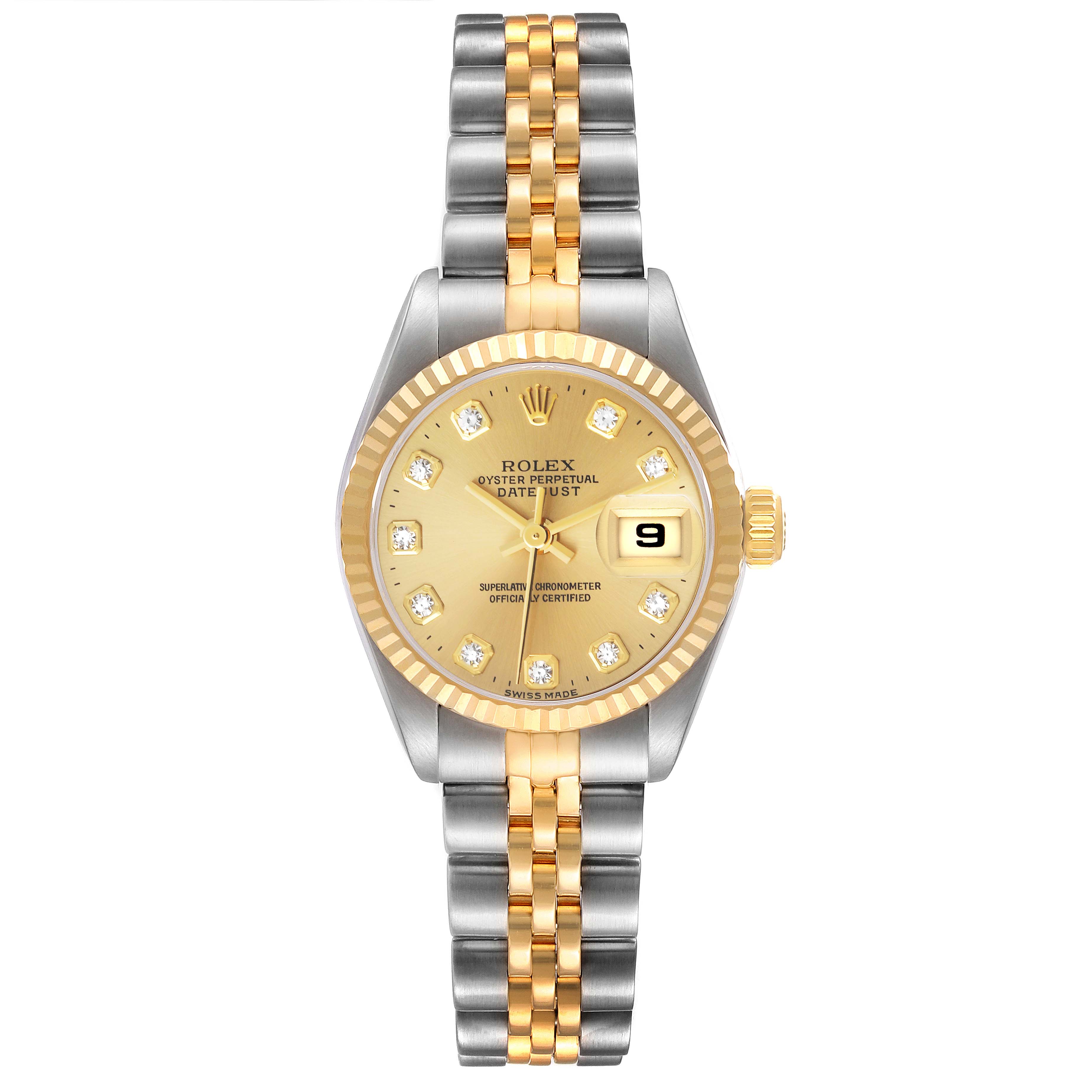 The image shows a frontal view of a Rolex Datejust 69173 Women's Steel and Gold (two tone) Champagne Dial 69173 Women's Steel and Gold (two tone) Champagne Dial watch, displaying its dial, bezel, and two-tone bracelet.