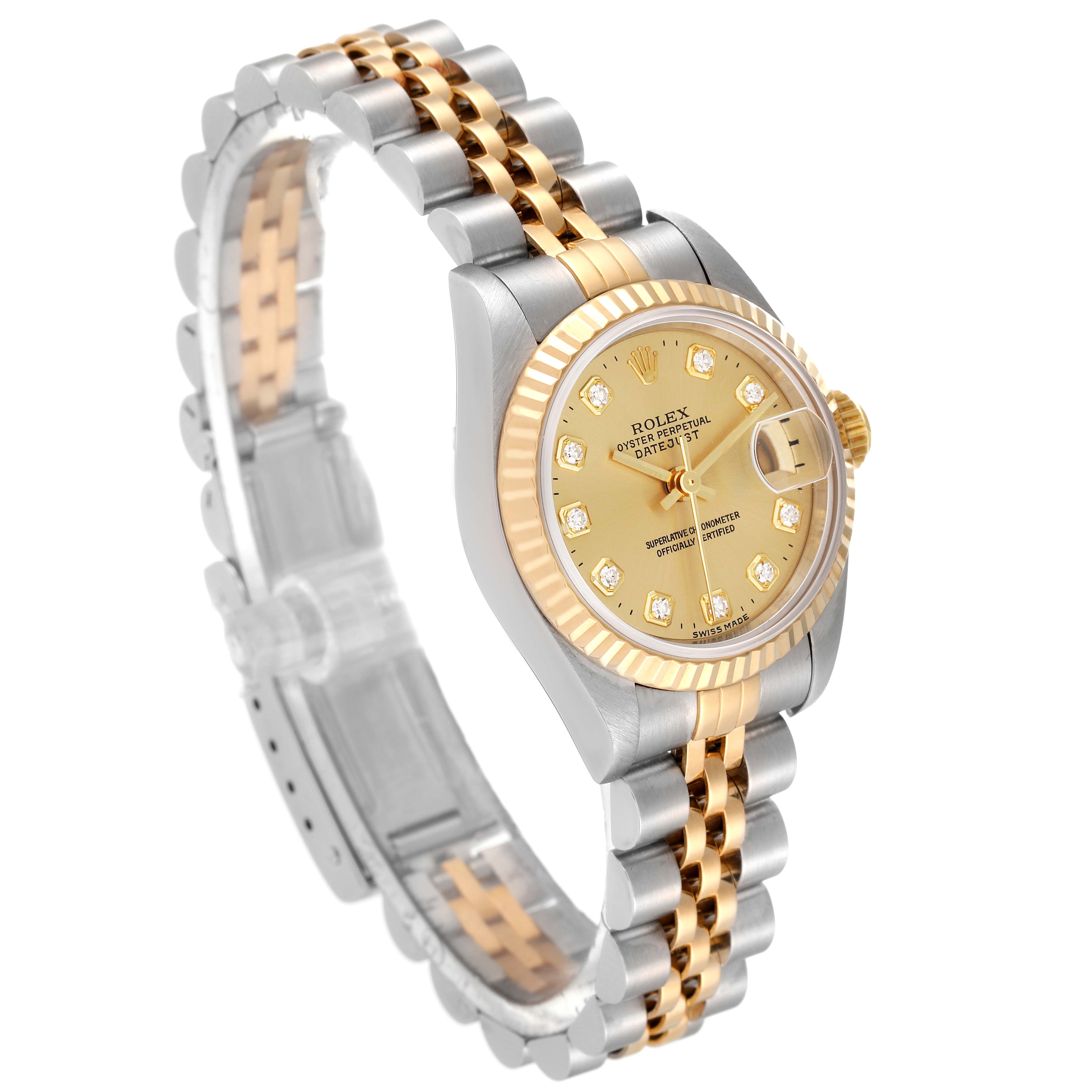 This Rolex Datejust 69173 Women's Steel and Gold (two tone) Champagne Dial 69173 Women's Steel and Gold (two tone) Champagne Dial watch is shown at a three-quarter angle, highlighting the dial, bezel, and bracelet.