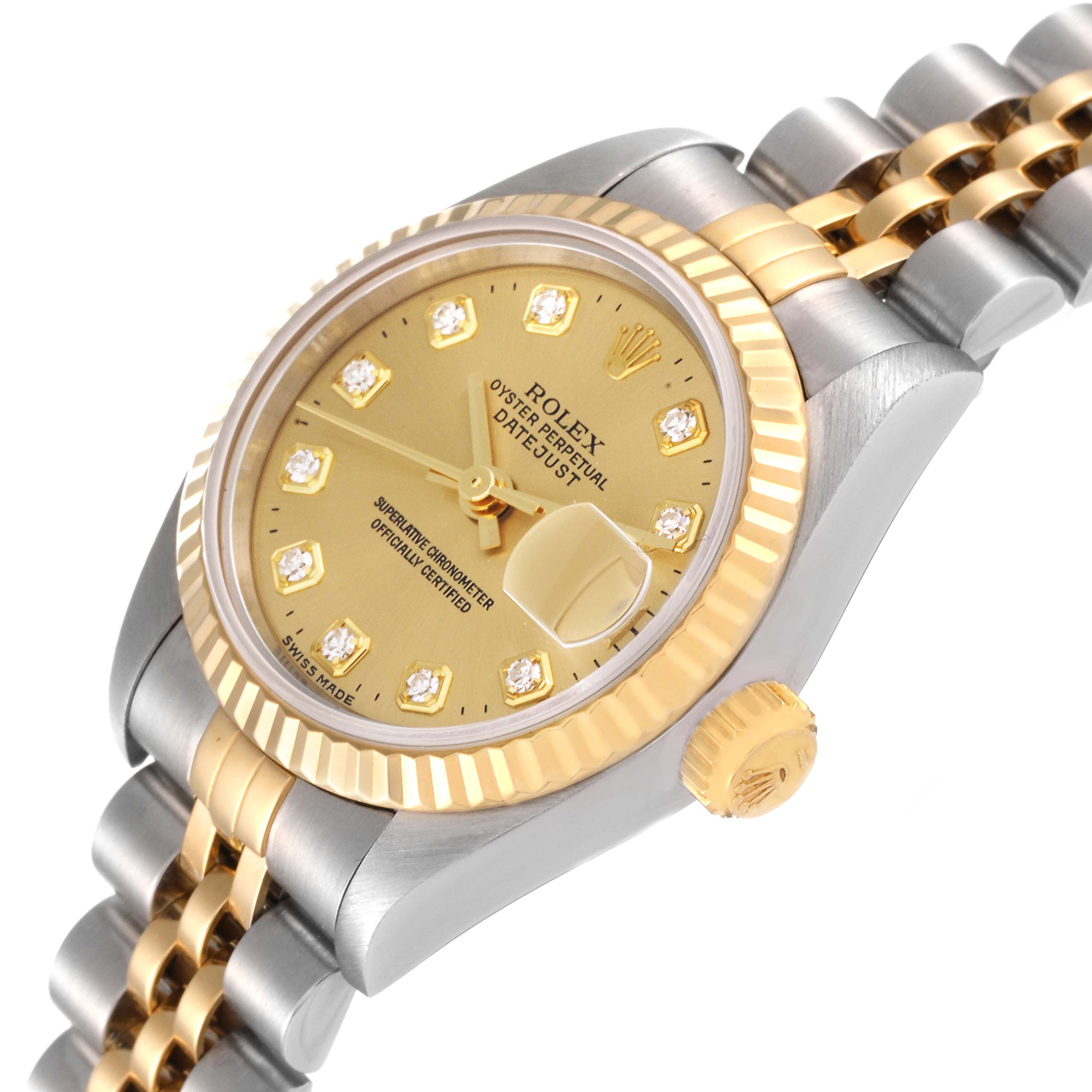 The image shows a Rolex Datejust 69173 Women's Steel and Gold (two tone) Champagne Dial 69173 Women's Steel and Gold (two tone) Champagne Dial watch from a diagonal angle, highlighting the face, bezel, crown, and part of the bracelet.