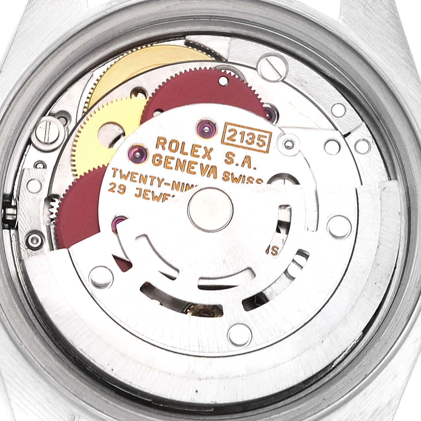 This image shows the inner mechanical movement of a Rolex Datejust 69173 Women's Steel and Gold (two tone) Champagne Dial 69173 Women's Steel and Gold (two tone) Champagne Dial watch from a top-down view, focusing on gears and jewels.