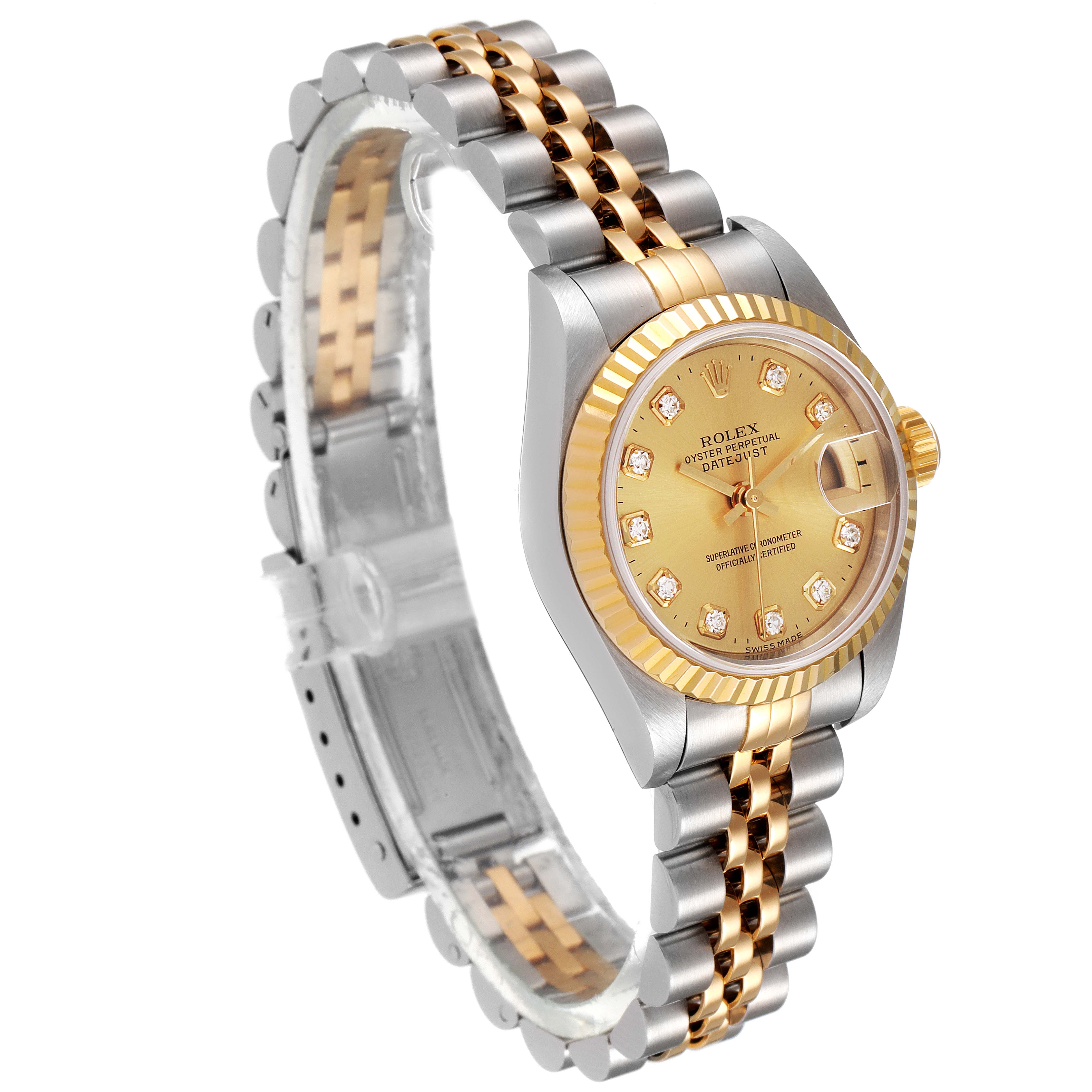 The image shows a Rolex Datejust 79173 Women's Steel and Gold (two tone) Champagne Dial 79173 Women's Steel and Gold (two tone) Champagne Dial watch at an angled side view, highlighting the dial, bezel, and bracelet.
