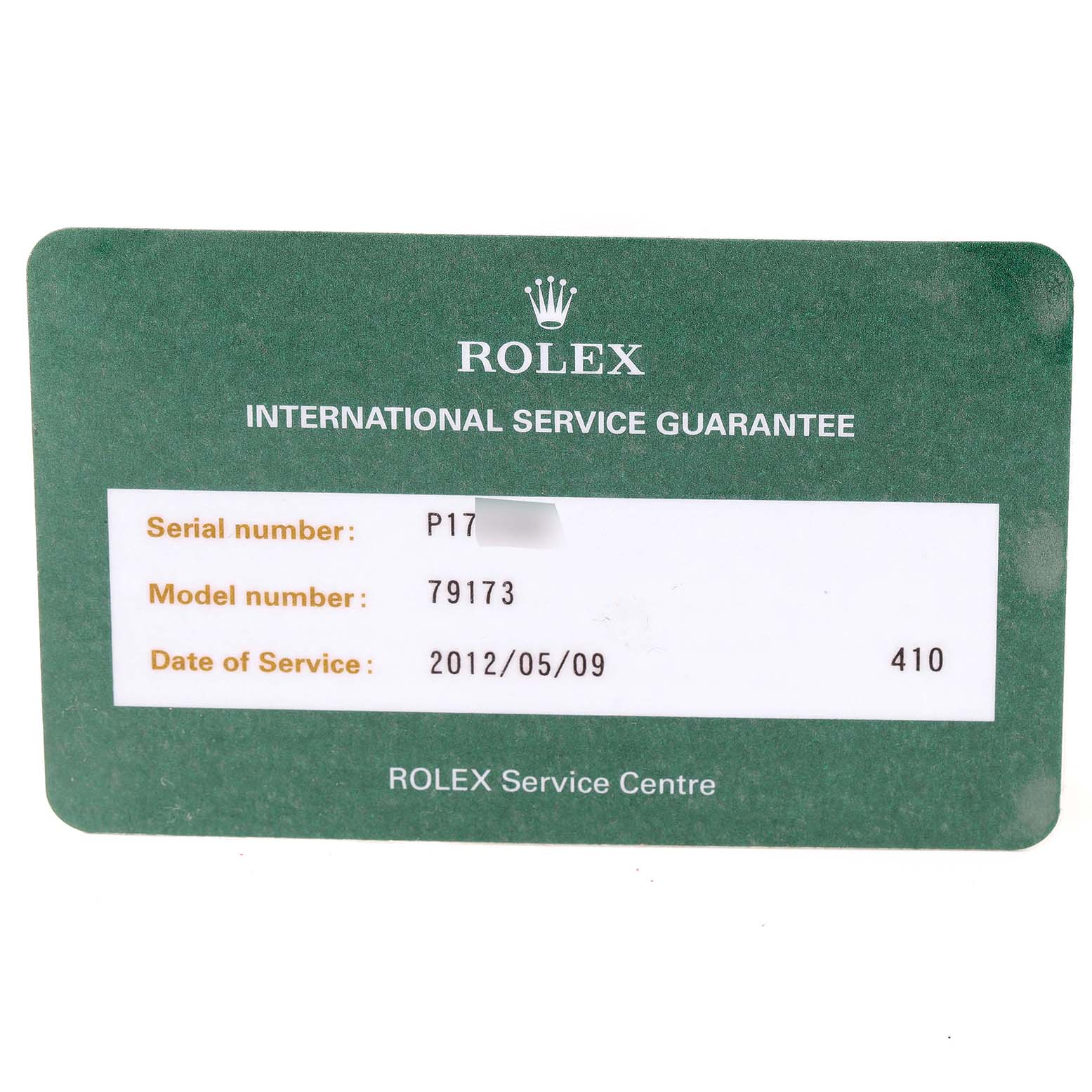 This image shows a flat green Rolex International Service Guarantee card for the Datejust model.
