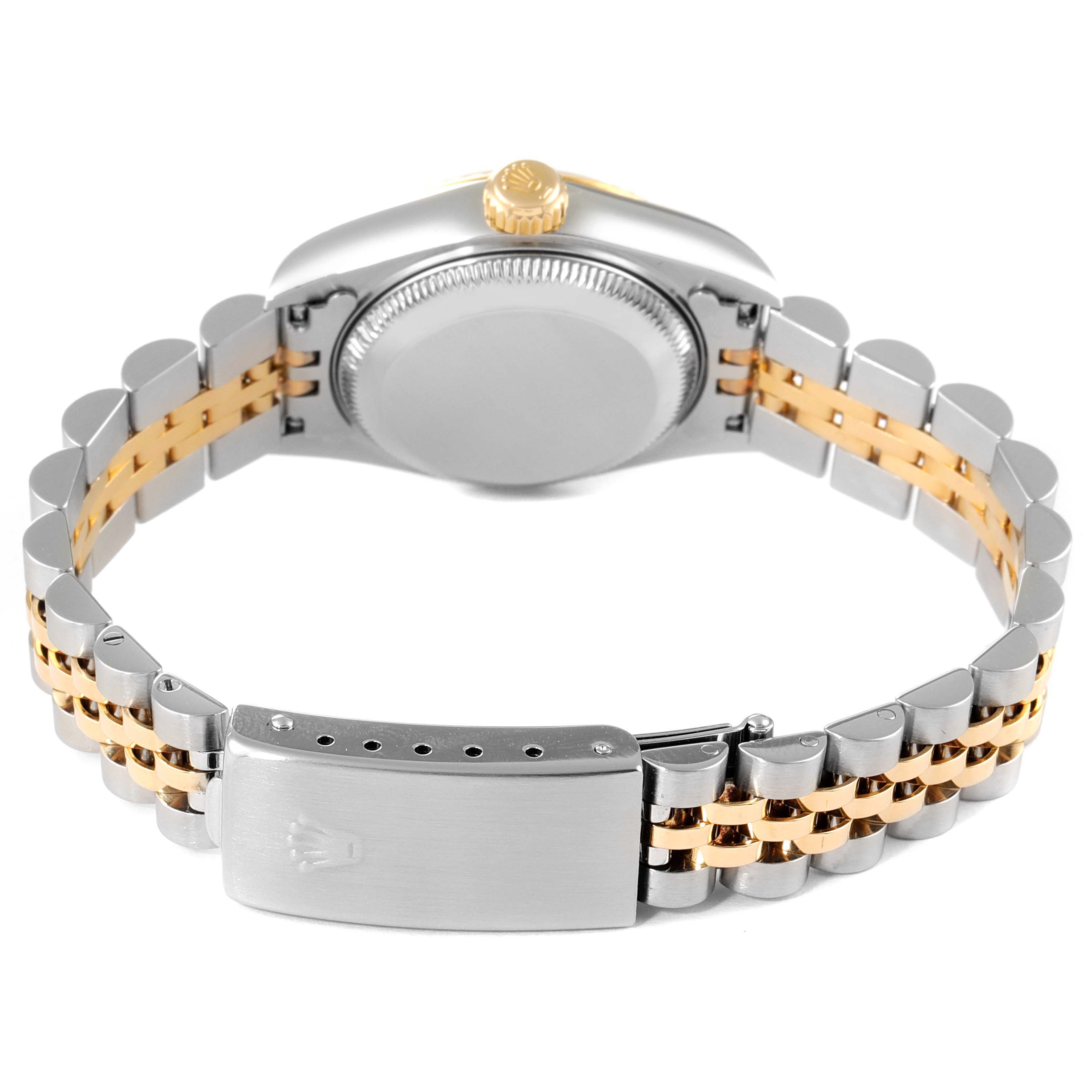 This image shows the back view of a Rolex Datejust 79173 Women's Steel and Gold (two tone) Champagne Dial 79173 Women's Steel and Gold (two tone) Champagne Dial watch, highlighting its clasp and two-tone bracelet.