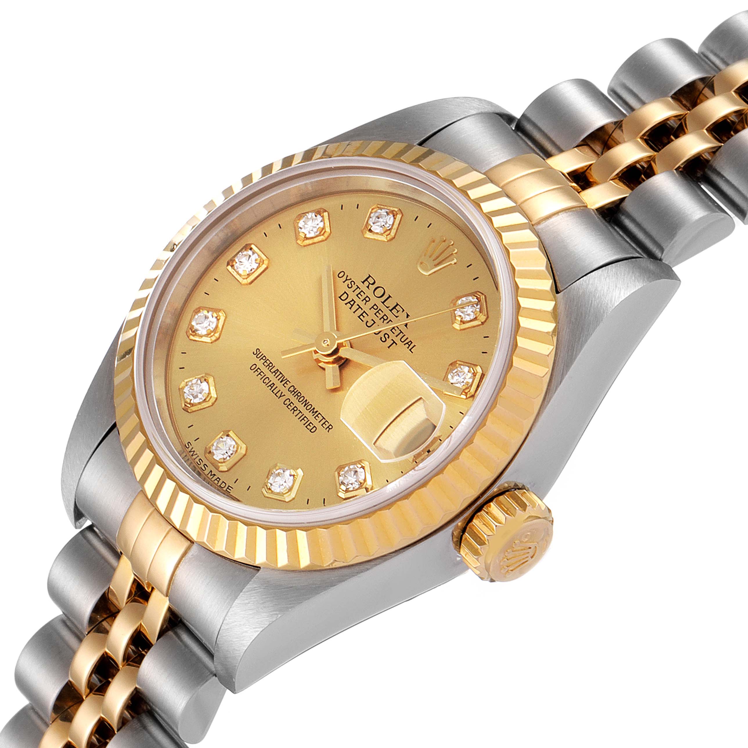The image shows a Rolex Datejust 79173 Women's Steel and Gold (two tone) Champagne Dial 79173 Women's Steel and Gold (two tone) Champagne Dial watch from an angled perspective, highlighting the face, bezel, crown, and part of the bracelet.