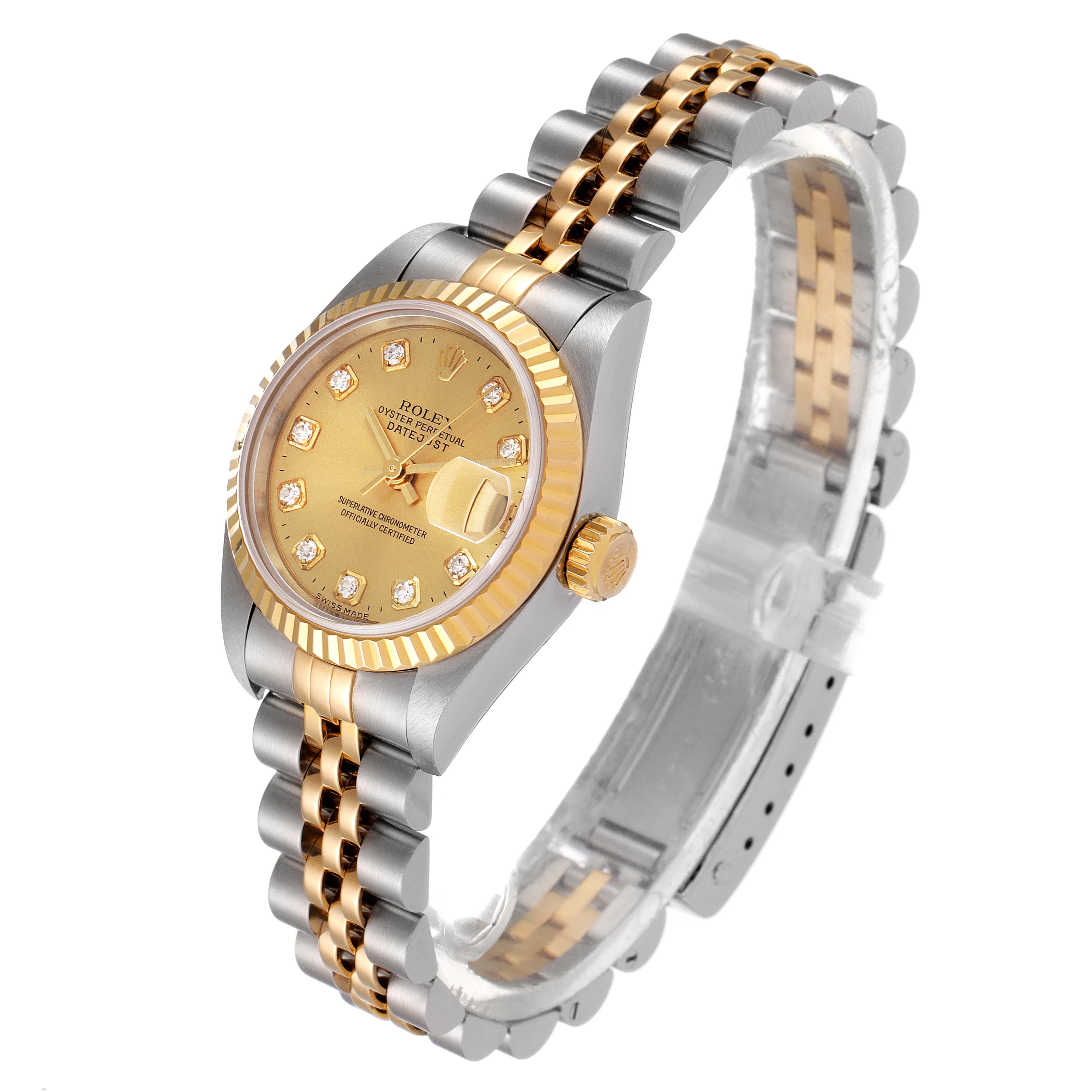 The Rolex Datejust 79173 Women's Steel and Gold (two tone) Champagne Dial 79173 Women's Steel and Gold (two tone) Champagne Dial watch is shown at a three-quarter angle, displaying the dial, bezel, crown, and bracelet.