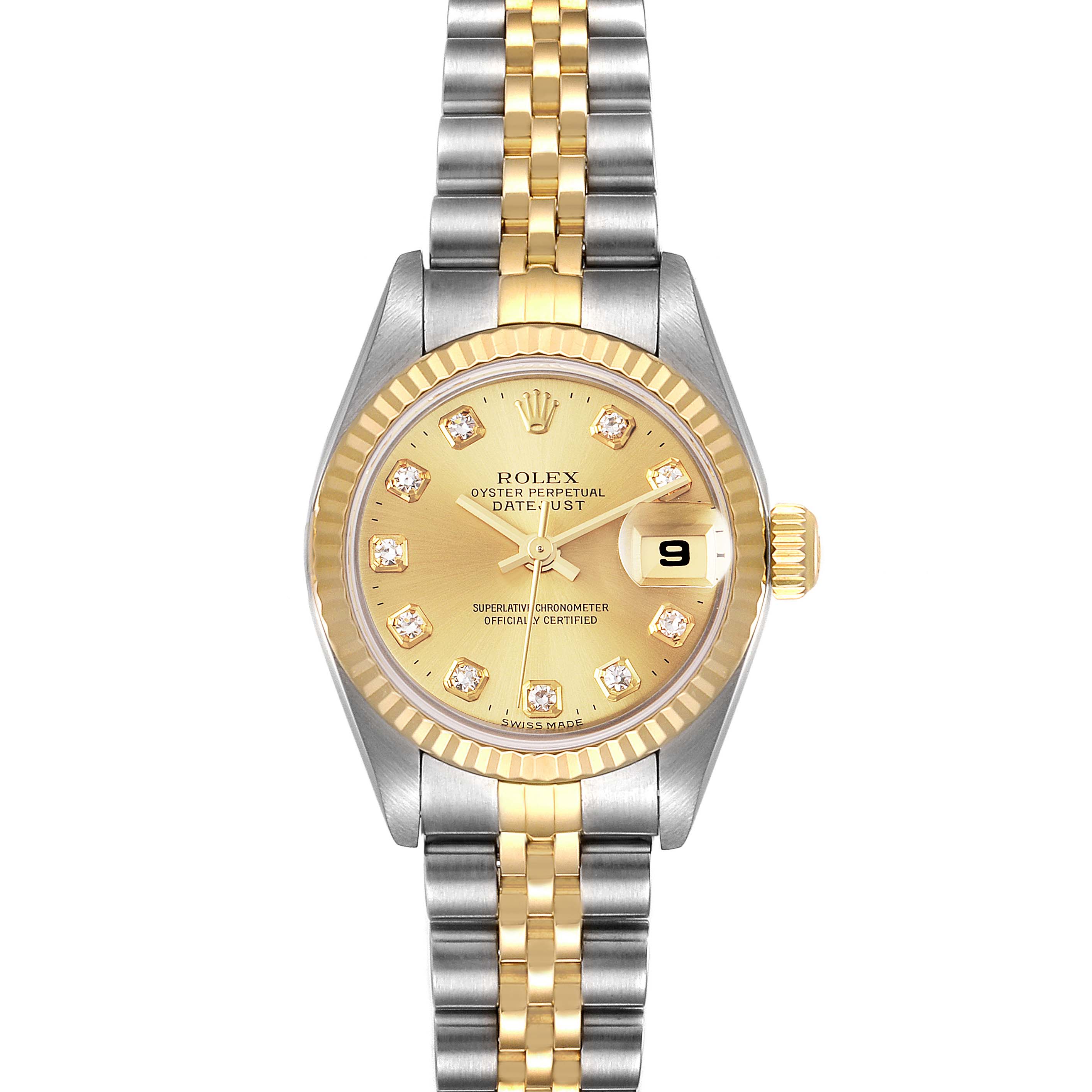 The image shows a front view of a Rolex Datejust 79173 Women's Steel and Gold (two tone) Champagne Dial 79173 Women's Steel and Gold (two tone) Champagne Dial watch, highlighting the face, bezel, and two-tone bracelet.